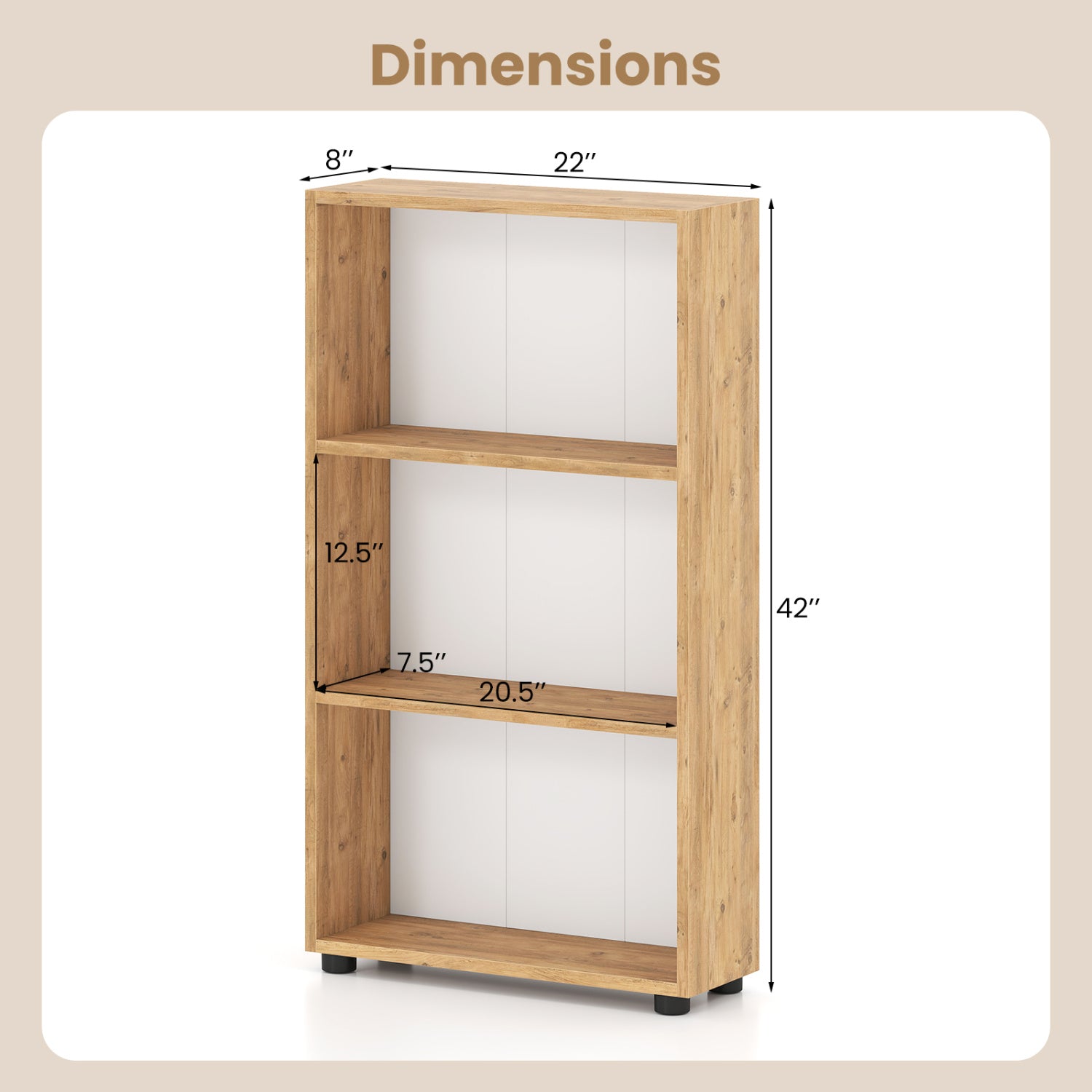 3-Tier Bookcase 42 inch Tall Book Shelf with Anti-Tipping Kit-Brown