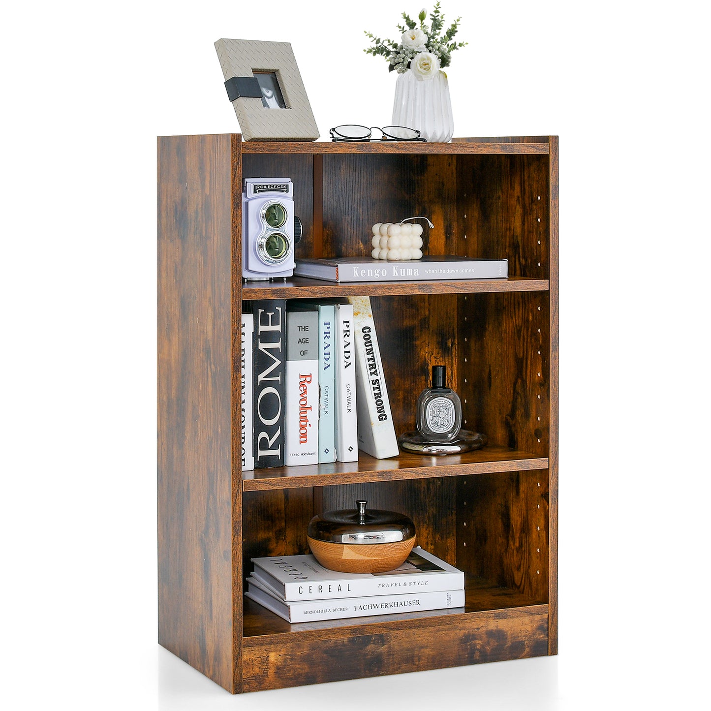 3-Tier Bookcase Open Display Rack Cabinet with Adjustable Shelves-Black - Rustic Brown