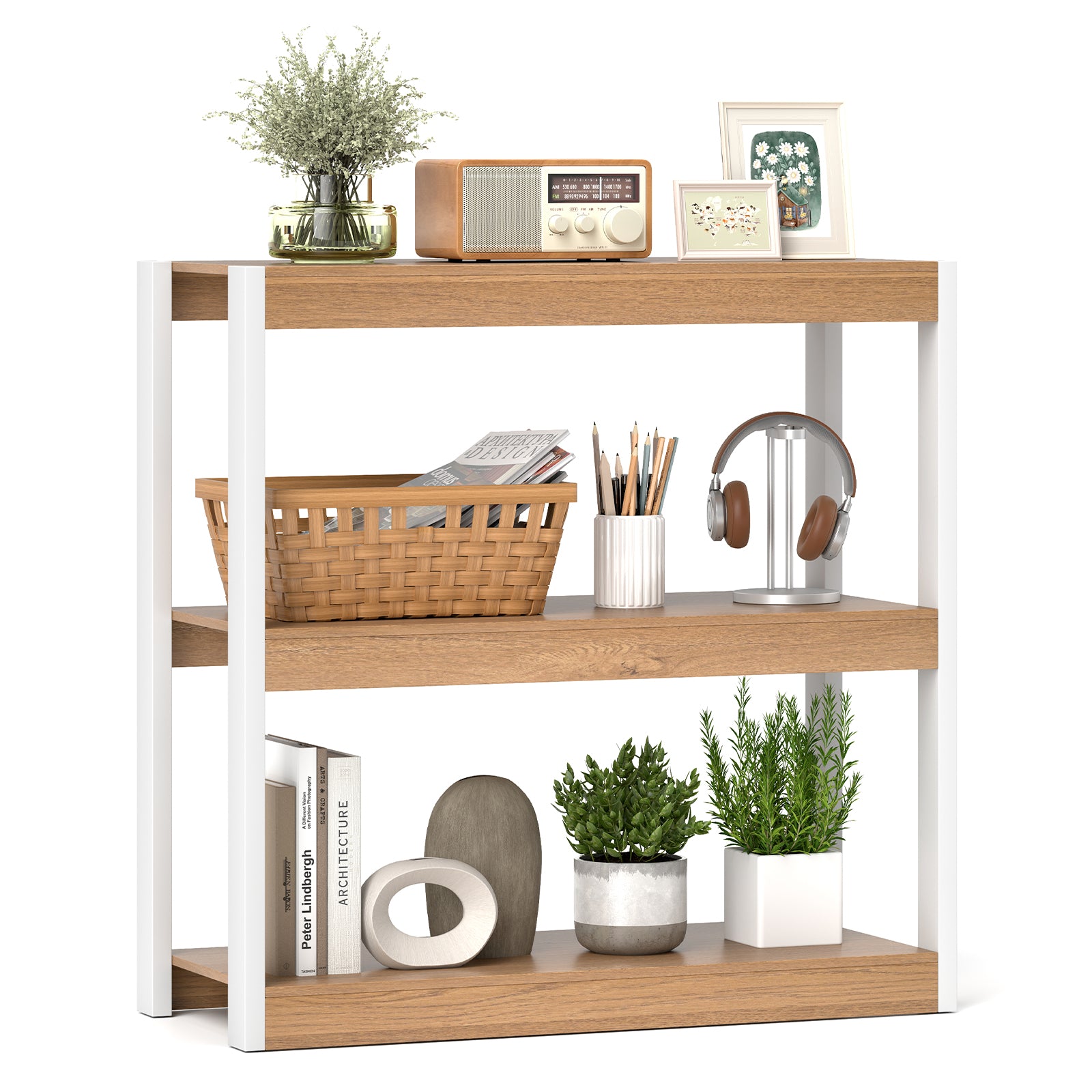 3 Tier Bookshelf Wooden Bookcase with Dual Anti-Tipping Kits-Natural - Natural