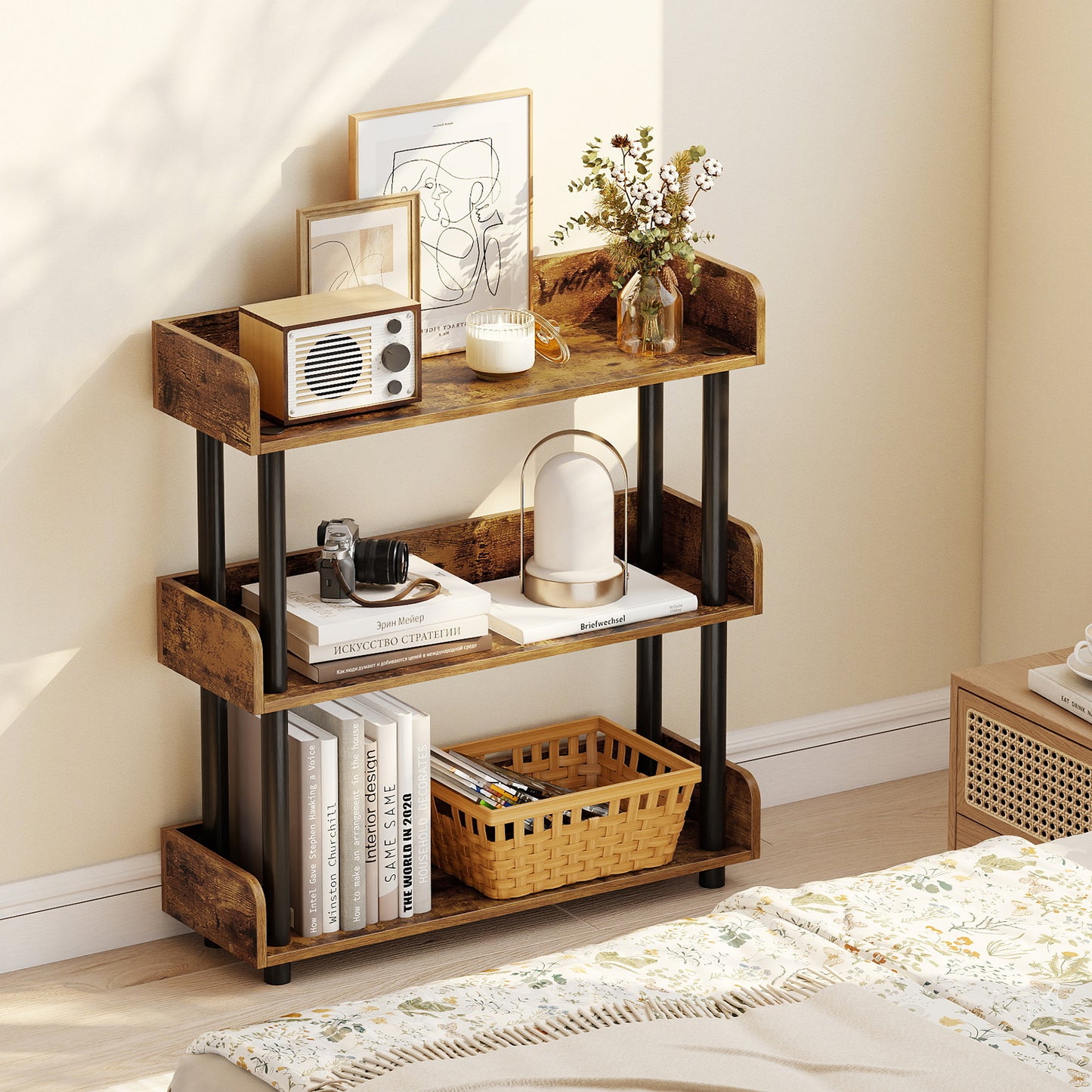 3-Tier Bookshelf with Anti-Tipping Kit and Industrial Storage Unit for Living Room-Rustic Brown