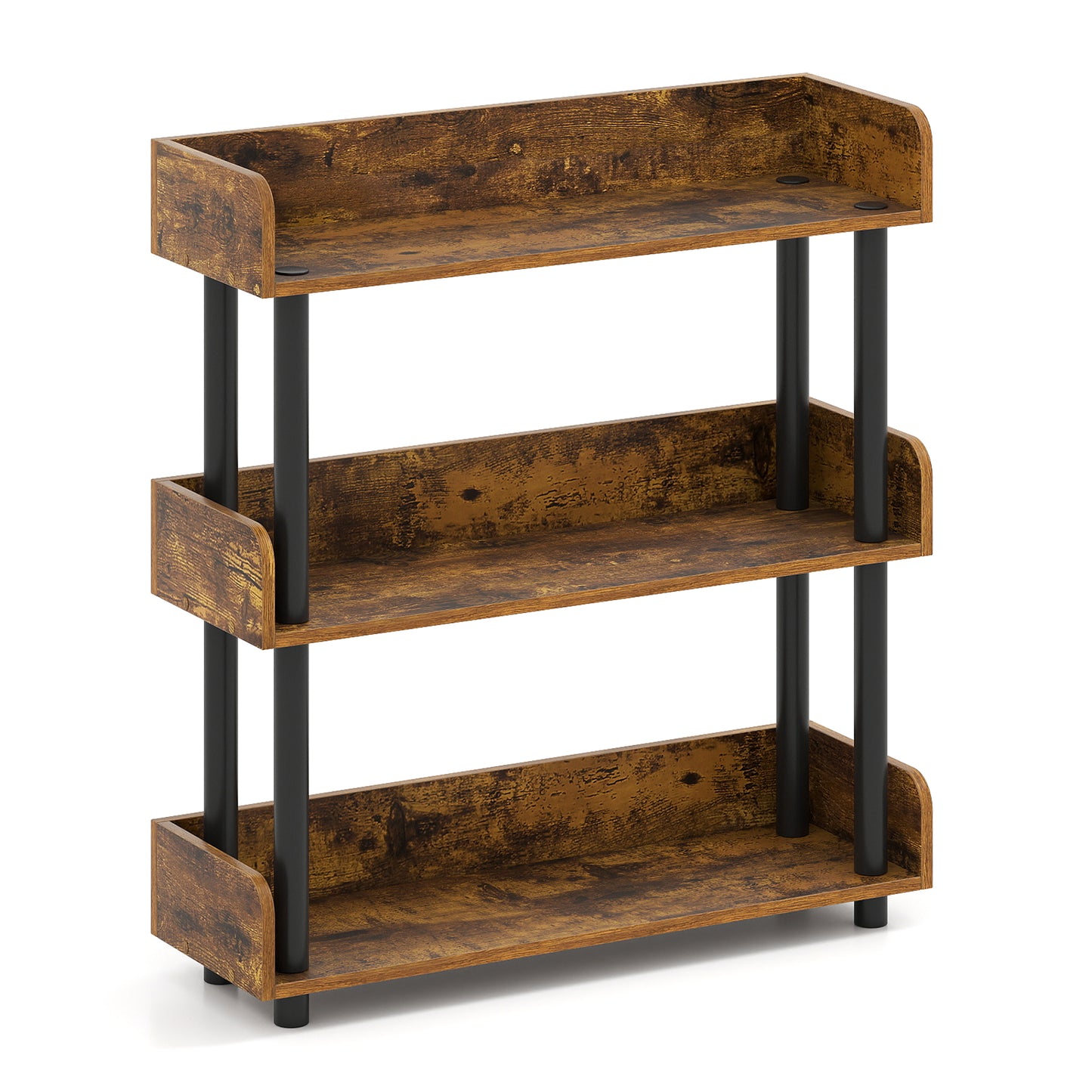3-Tier Bookshelf with Anti-Tipping Kit and Industrial Storage Unit for Living Room-Rustic Brown
