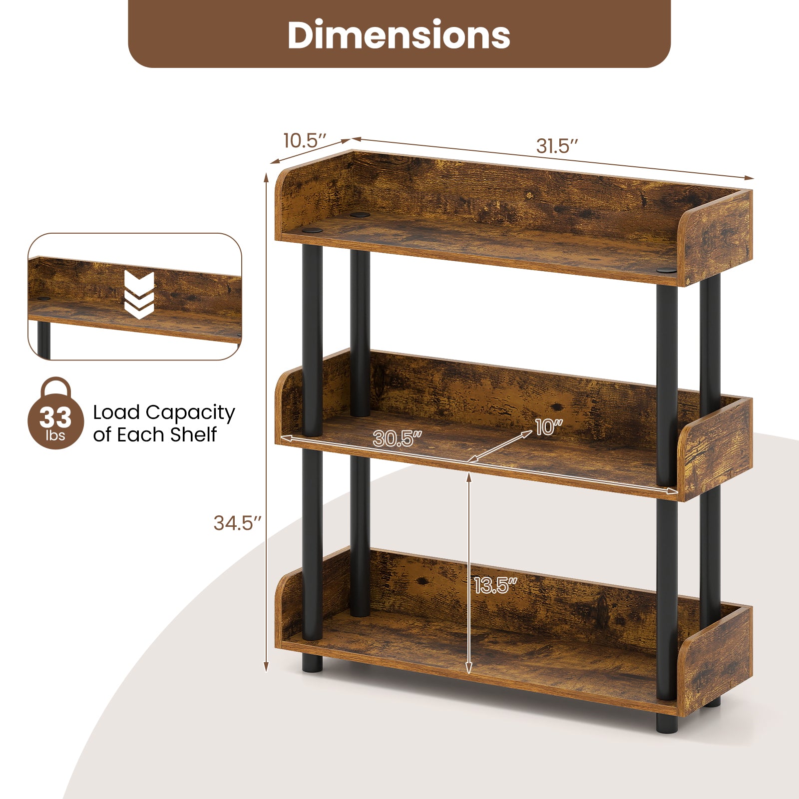 3-Tier Bookshelf with Anti-Tipping Kit and Industrial Storage Unit for Living Room-Rustic Brown