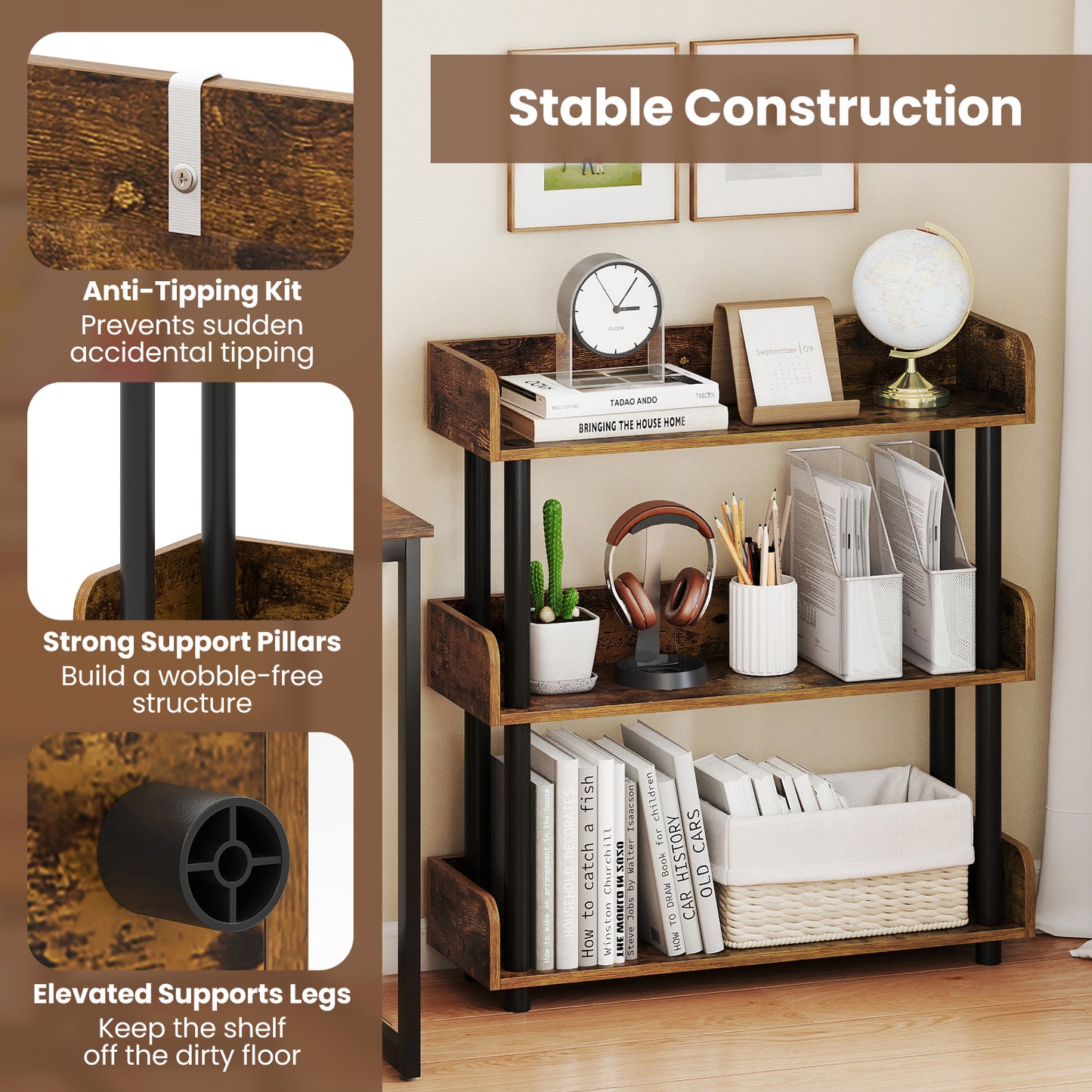 3-Tier Bookshelf with Anti-Tipping Kit and Industrial Storage Unit for Living Room-Rustic Brown