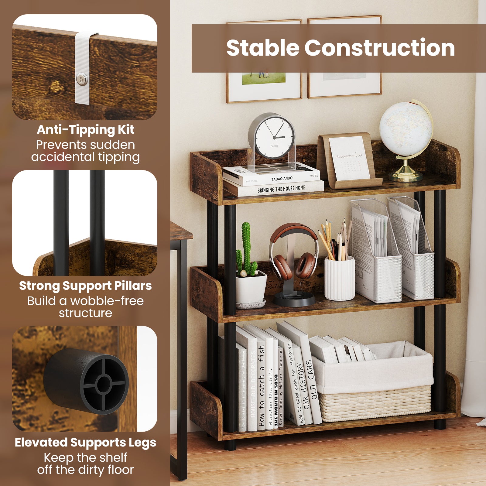 3-Tier Bookshelf with Anti-Tipping Kit and Industrial Storage Unit for Living Room-Rustic Brown