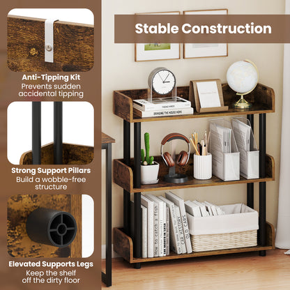 3-Tier Bookshelf with Anti-Tipping Kit and Industrial Storage Unit for Living Room-Rustic Brown