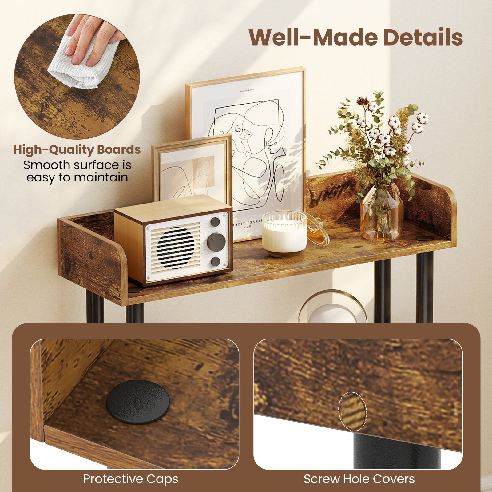 3-Tier Bookshelf with Anti-Tipping Kit and Industrial Storage Unit for Living Room-Rustic Brown