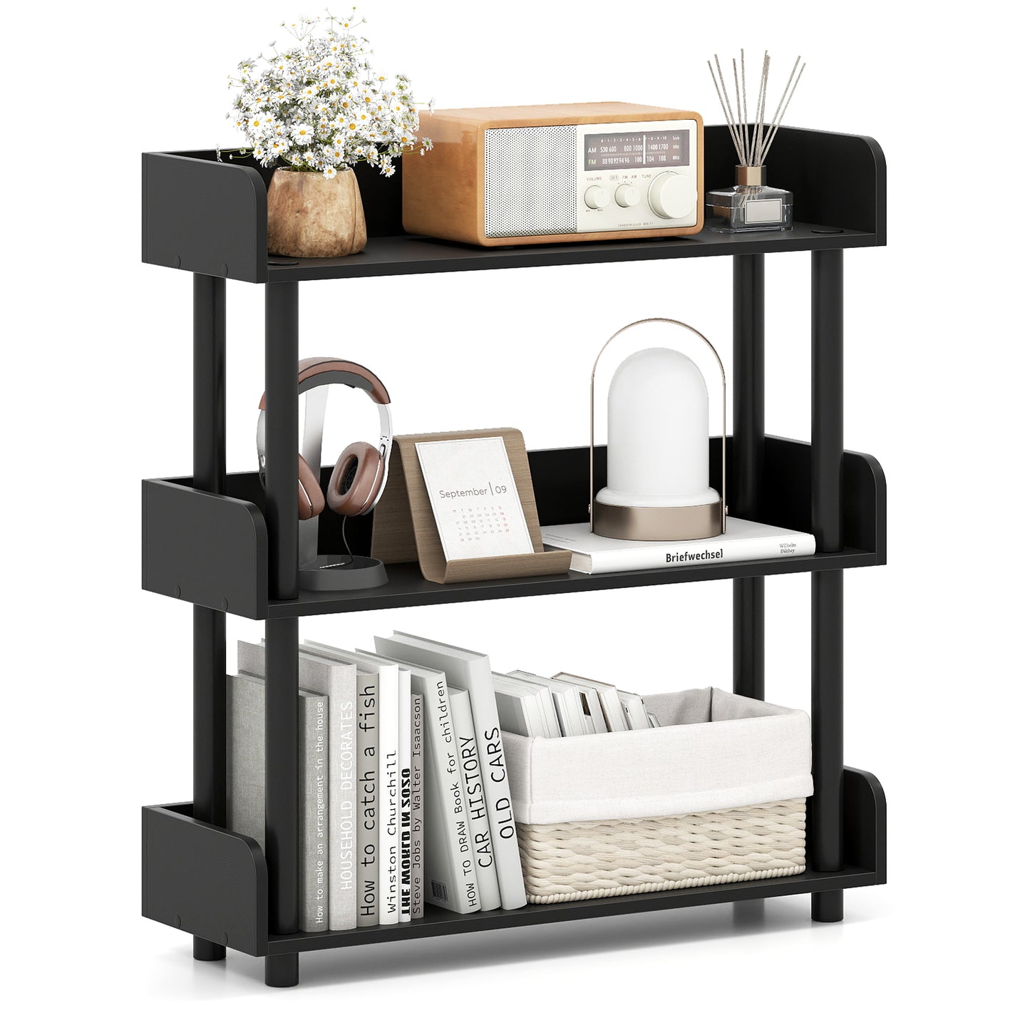 3-Tier Bookshelf with Anti-Tipping Kit and Industrial Storage Unit for Living Room-Black