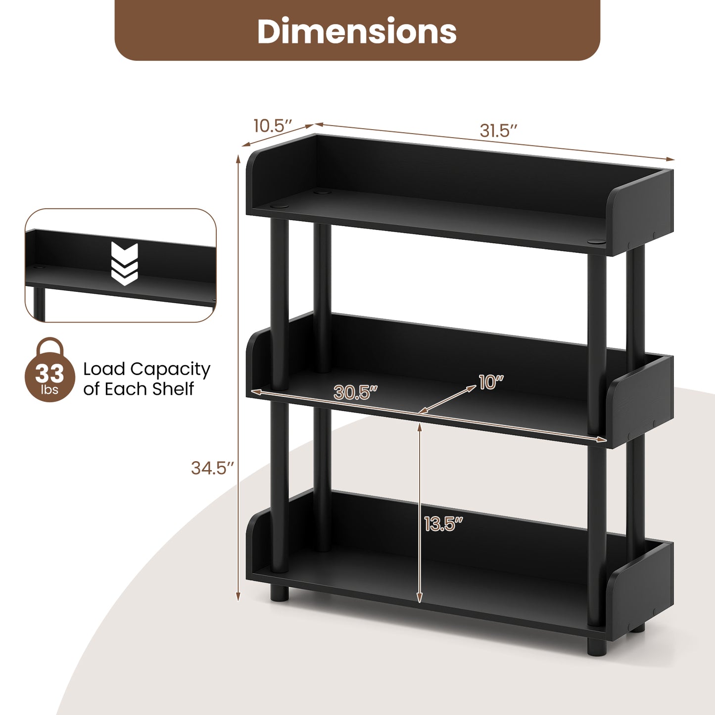 3-Tier Bookshelf with Anti-Tipping Kit and Industrial Storage Unit for Living Room-Black