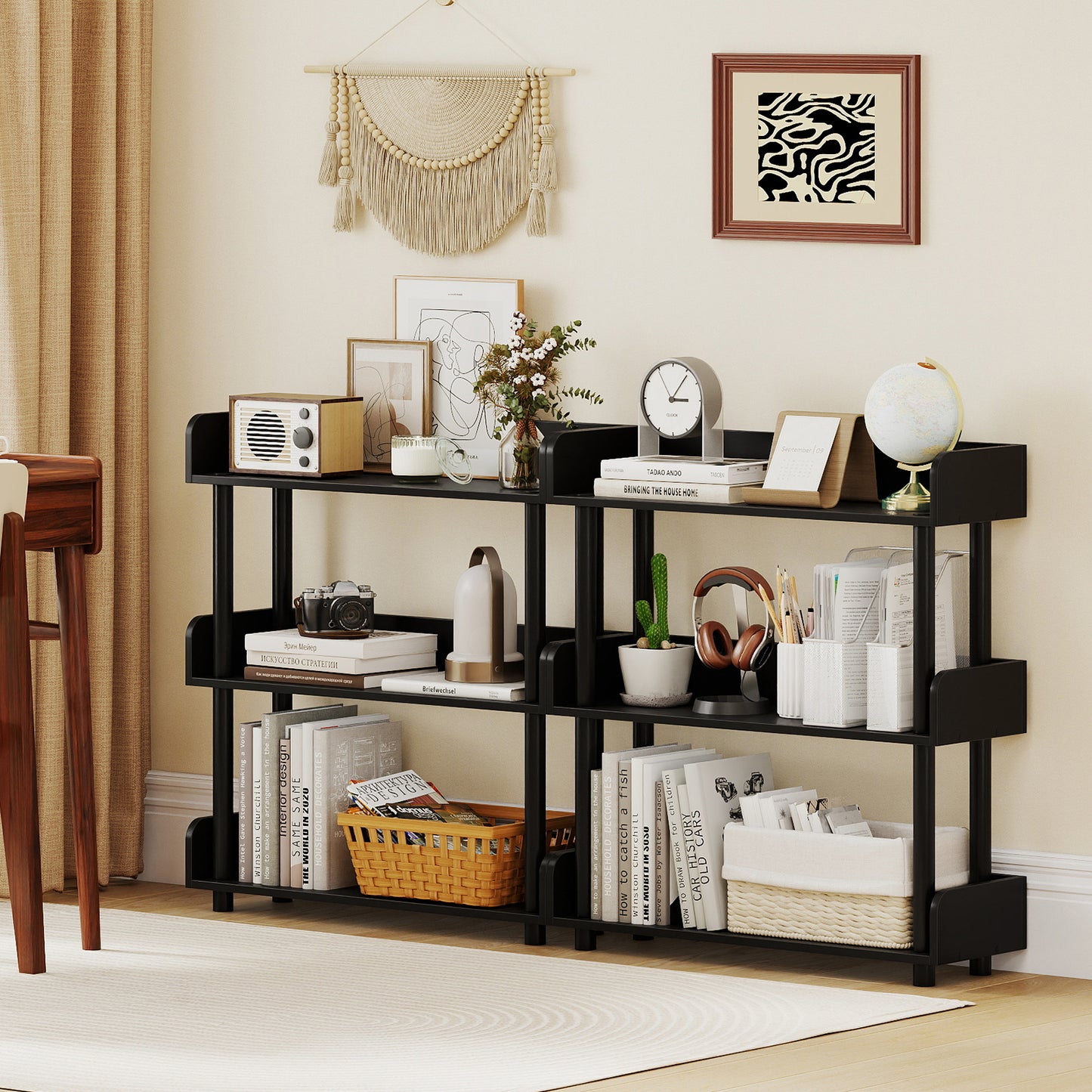 3-Tier Bookshelf with Anti-Tipping Kit and Industrial Storage Unit for Living Room-Black