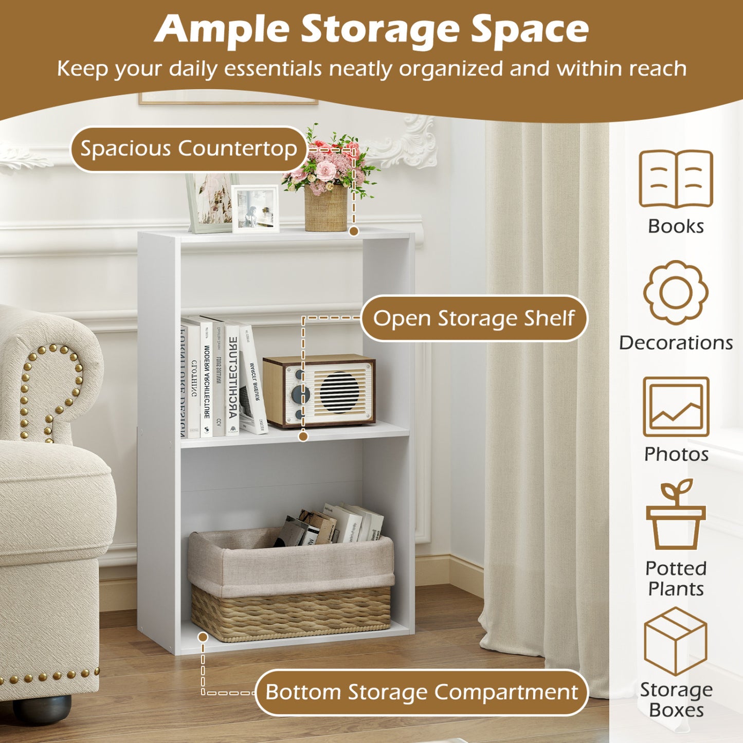 3-Tier Bookshelf with Open Storage Compartments