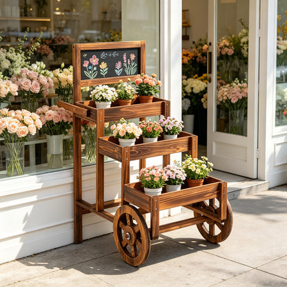 3-Tier Wooden Plant Stand Cart with Wheels - Carbonized Fir