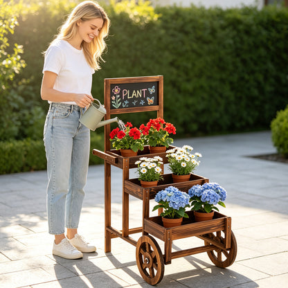 3-Tier Wooden Plant Stand Cart with Wheels - Carbonized Fir