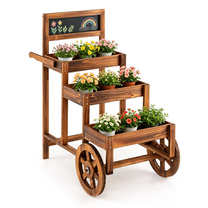 3-Tier Wooden Plant Stand Cart with Wheels - Carbonized Fir