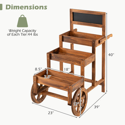 3-Tier Wooden Plant Stand Cart with Wheels - Carbonized Fir