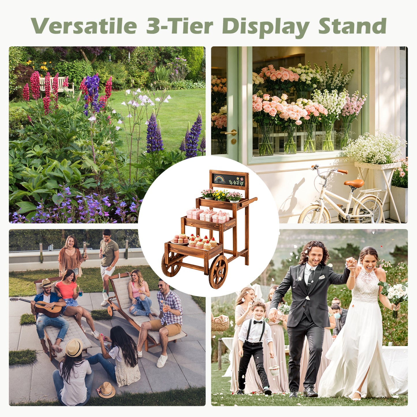 3-Tier Wooden Plant Stand Cart with Wheels - Carbonized Fir