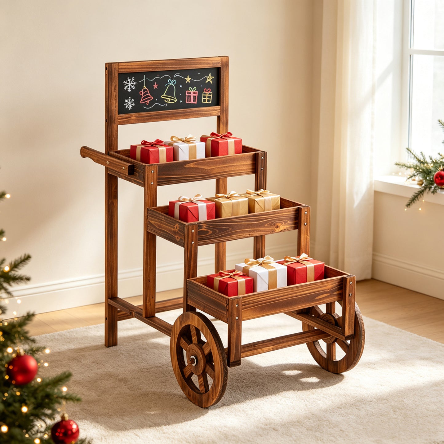 3-Tier Wooden Plant Stand Cart with Wheels - Carbonized Fir
