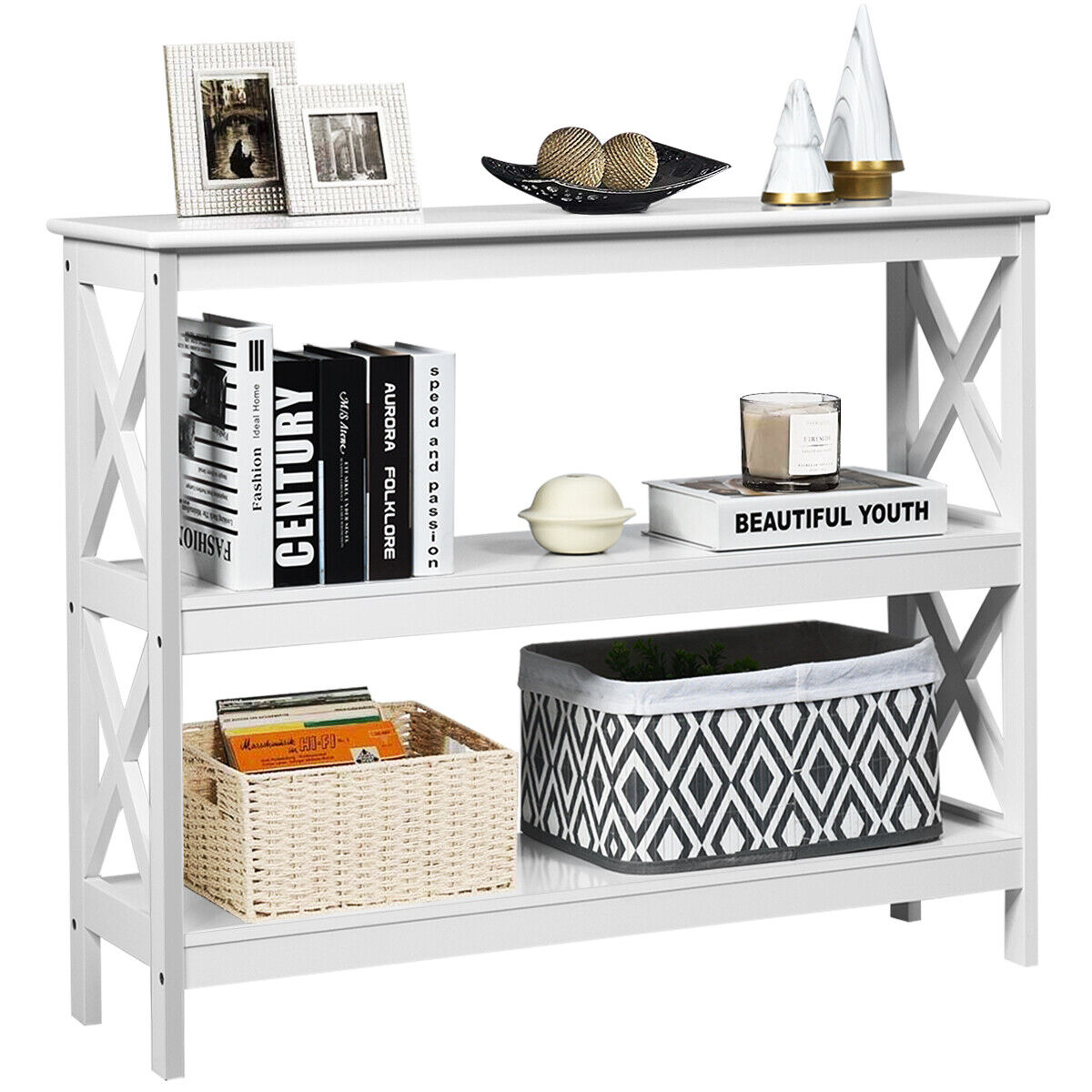 3-Tier Console X-Design Sofa Side Accent Table-White