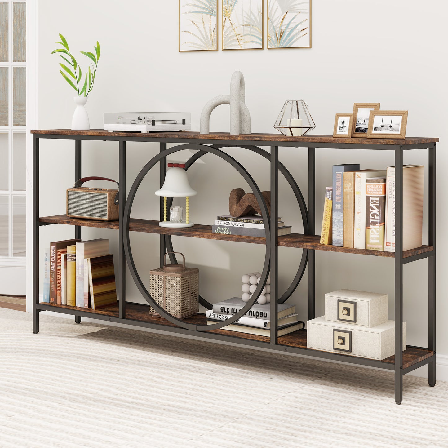 3-Tier Console Table with Faux Marble Top and Storage Shelves for Hallway Living Room-Rustic Brown