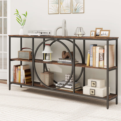 3-Tier Console Table with Faux Marble Top and Storage Shelves for Hallway Living Room-Rustic Brown