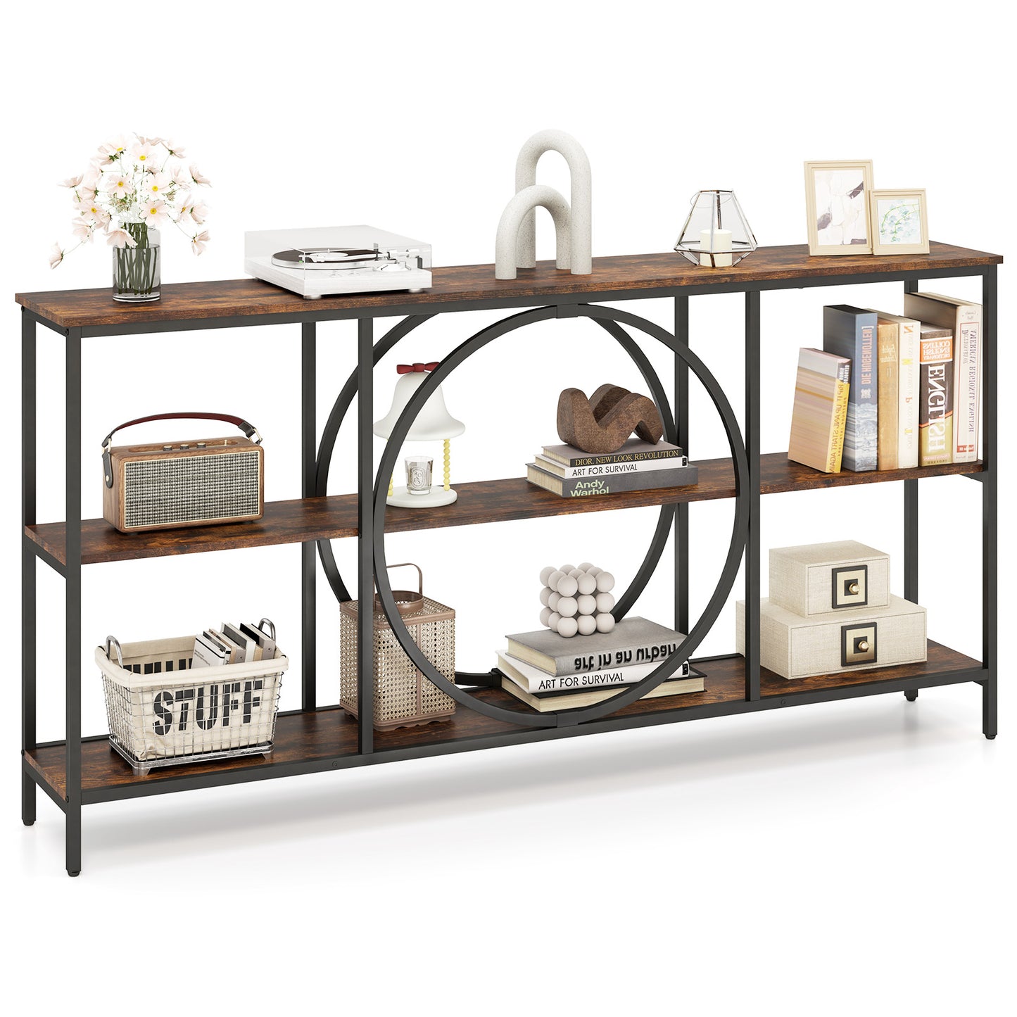 3-Tier Console Table with Faux Marble Top and Storage Shelves for Hallway Living Room-Rustic Brown