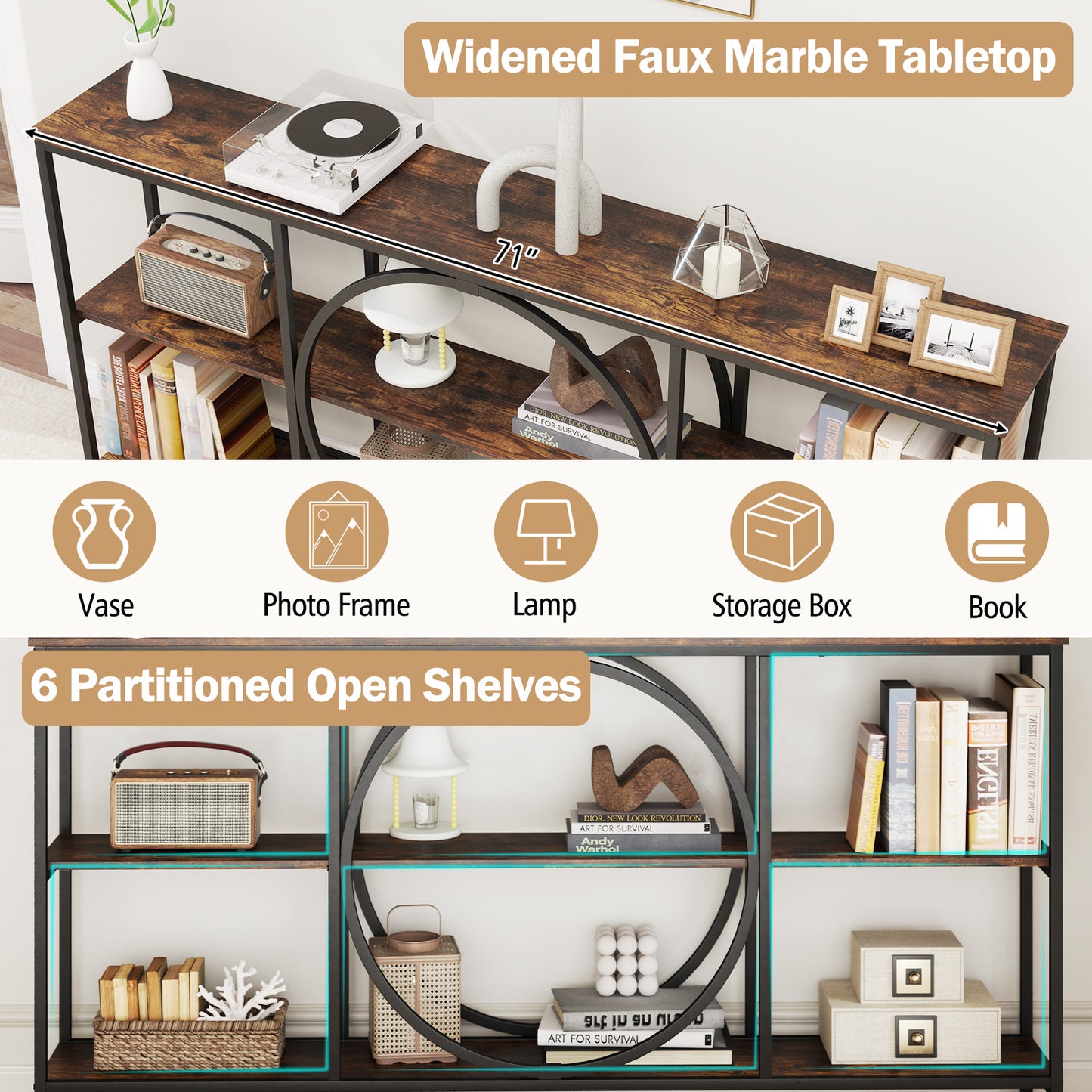 3-Tier Console Table with Faux Marble Top and Storage Shelves for Hallway Living Room-Rustic Brown