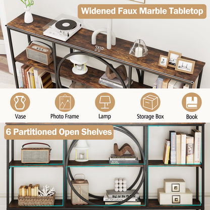 3-Tier Console Table with Faux Marble Top and Storage Shelves for Hallway Living Room-Rustic Brown