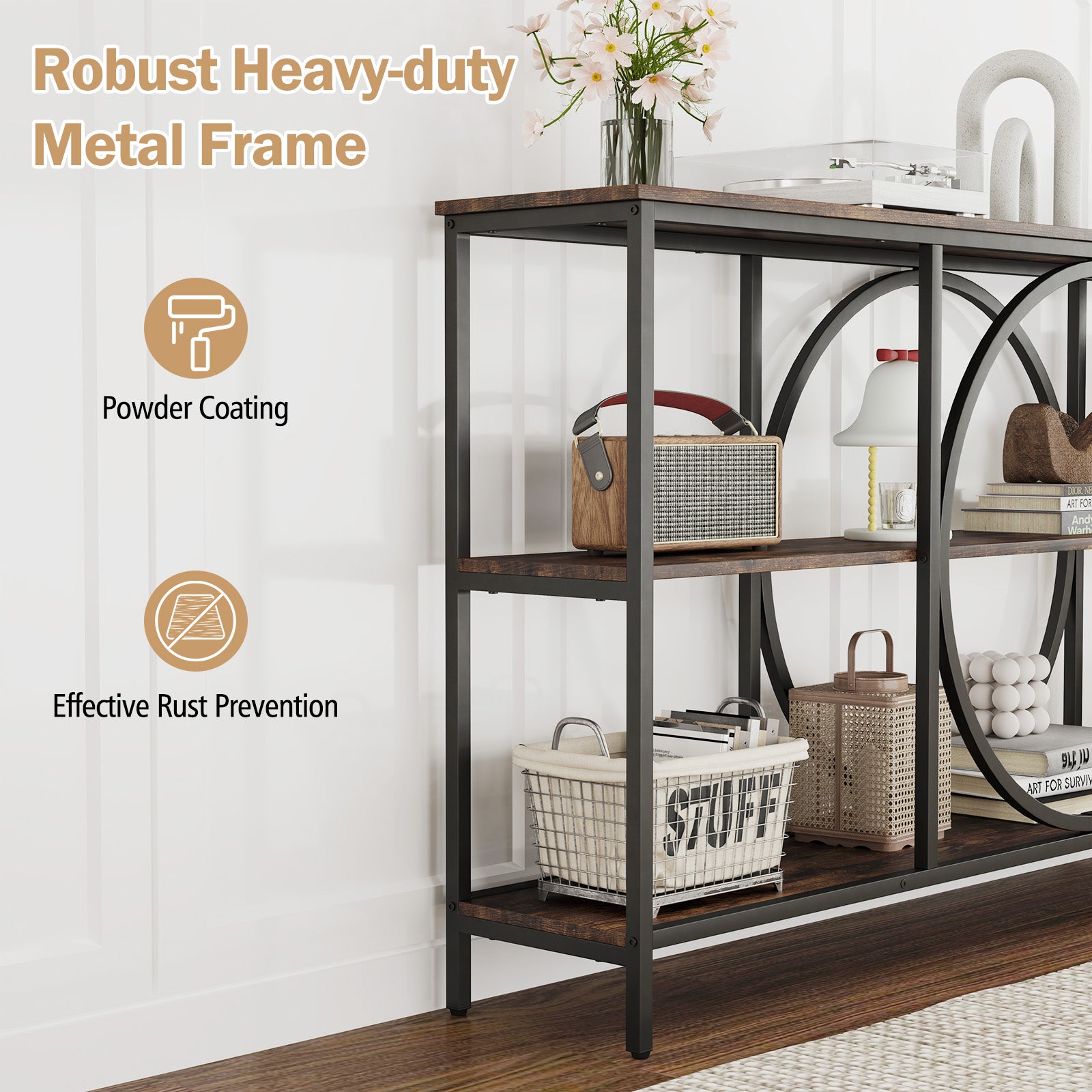 3-Tier Console Table with Faux Marble Top and Storage Shelves for Hallway Living Room-Rustic Brown