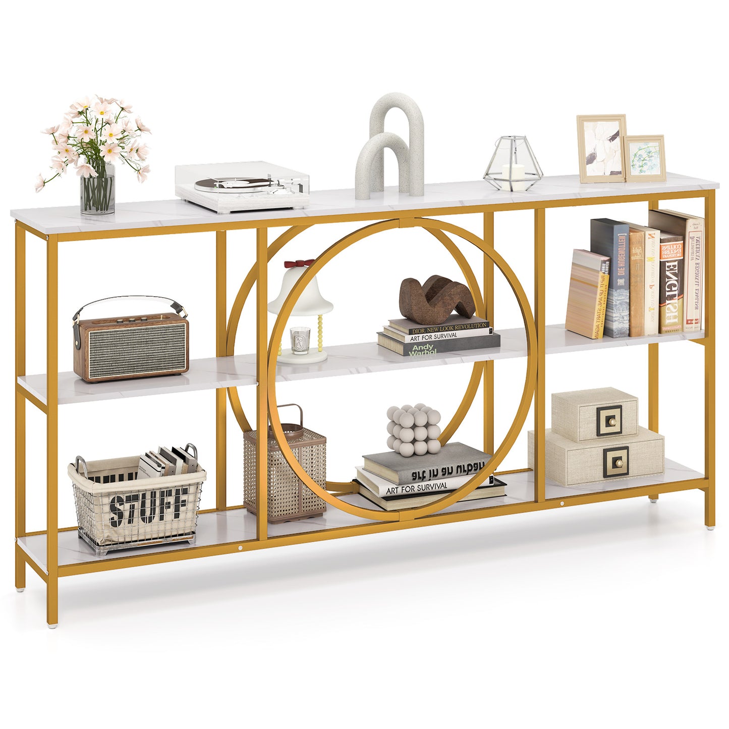 3-Tier Console Table with Faux Marble Top and Storage Shelves for Hallway Living Room-White