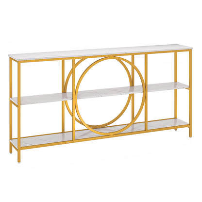 3-Tier Console Table with Faux Marble Top and Storage Shelves for Hallway Living Room-White