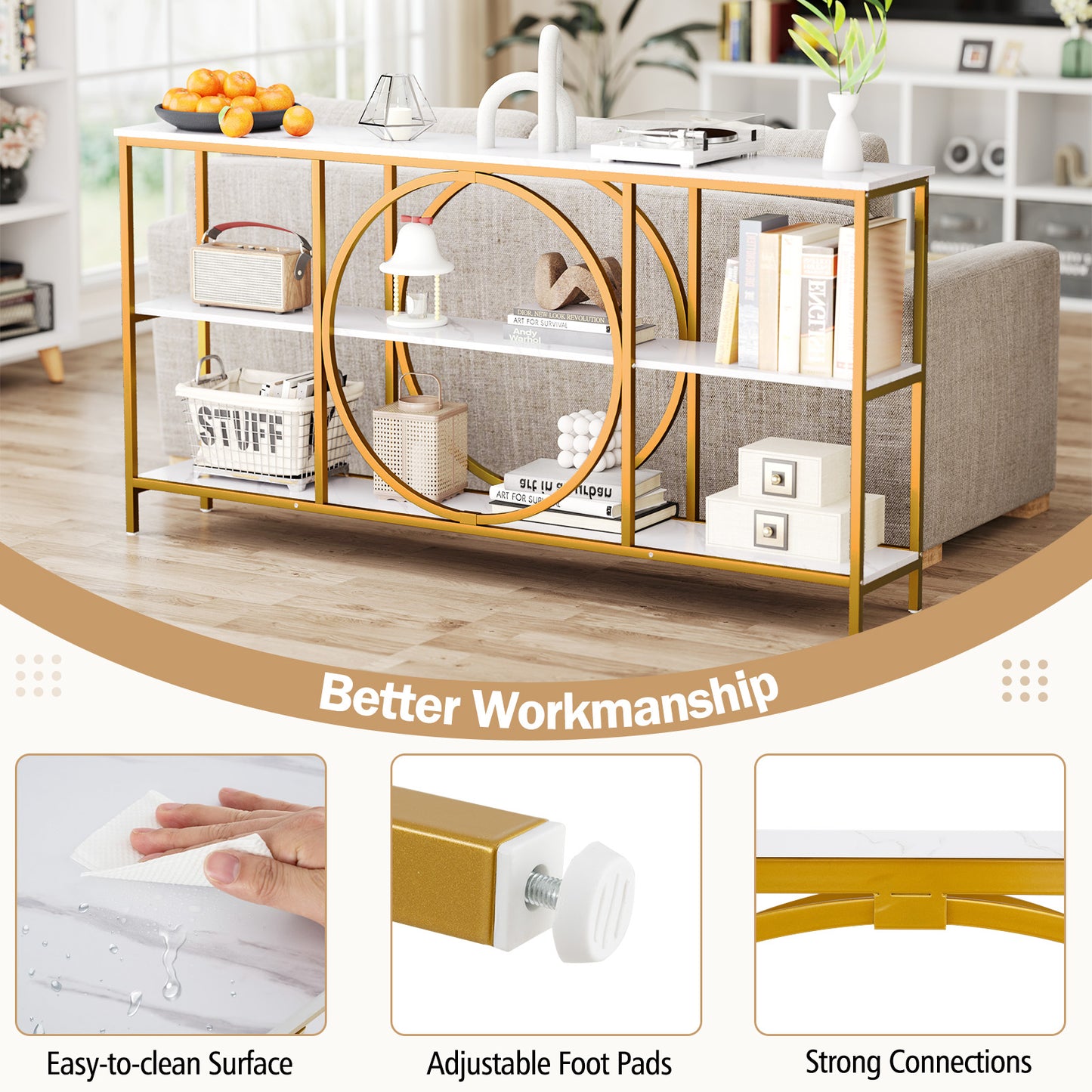 3-Tier Console Table with Faux Marble Top and Storage Shelves for Hallway Living Room-White