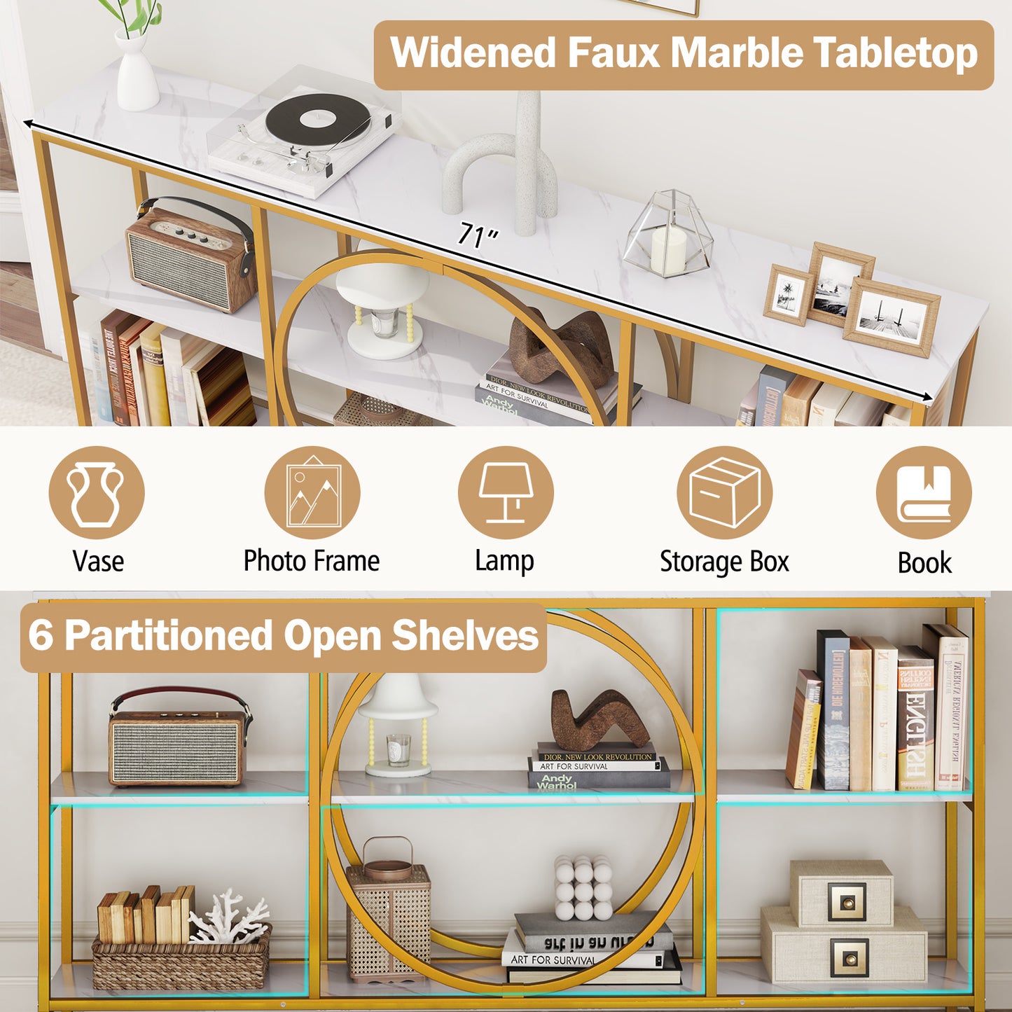 3-Tier Console Table with Faux Marble Top and Storage Shelves for Hallway Living Room-White