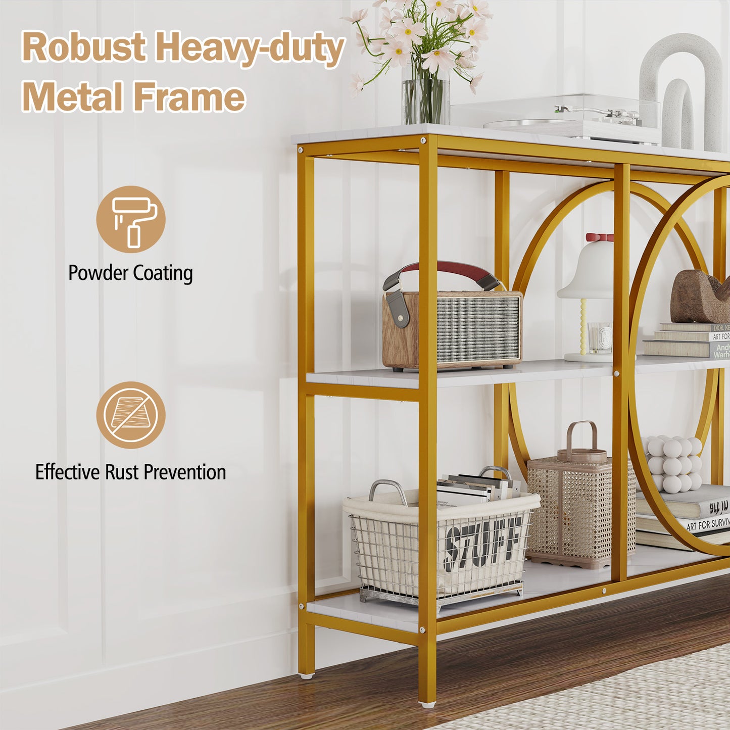 3-Tier Console Table with Faux Marble Top and Storage Shelves for Hallway Living Room-White