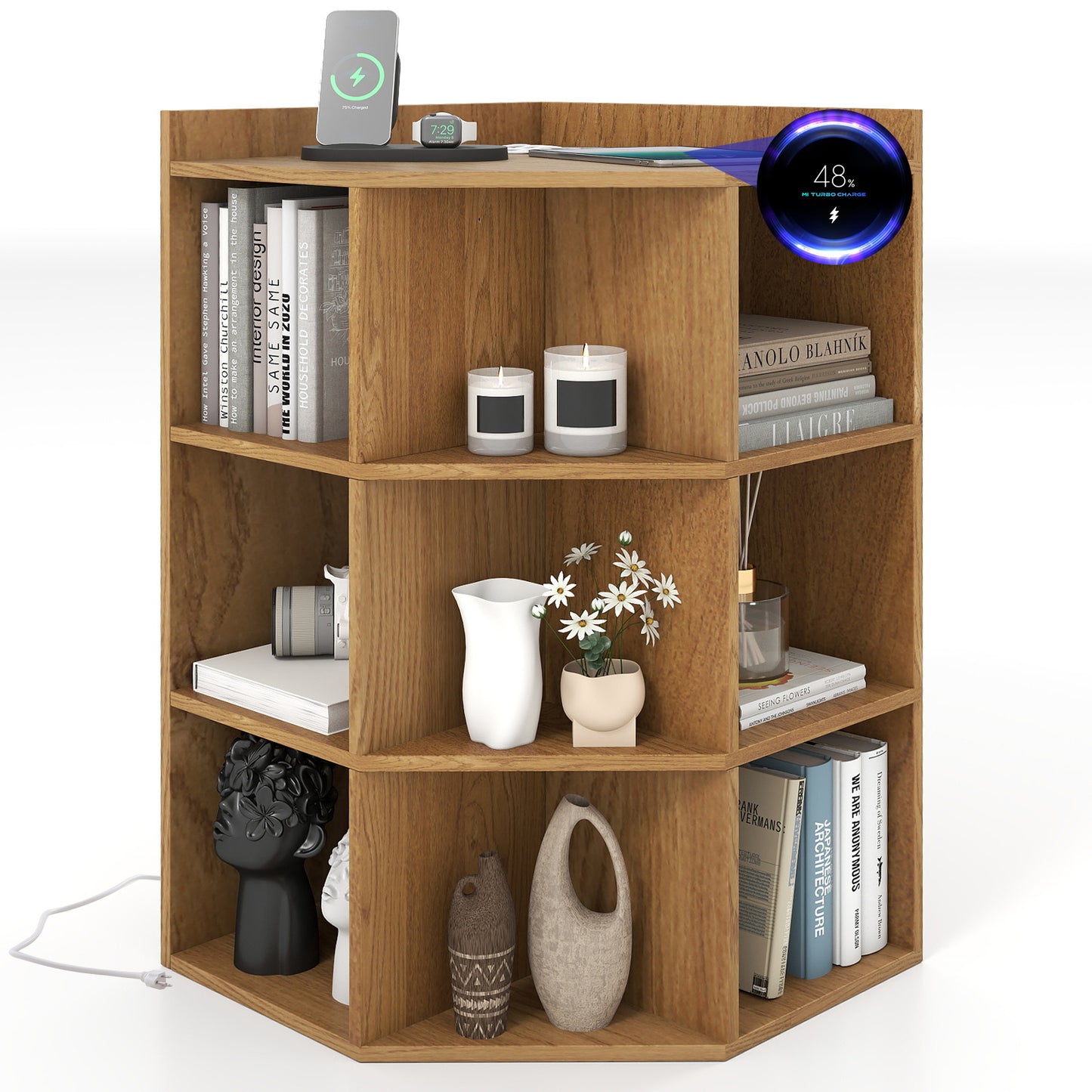 3-Tier Corner Cabinet with Charging Station for Bedroom-Gray - Natural