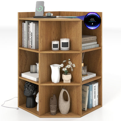 3-Tier Corner Cabinet with Charging Station for Bedroom-Gray - Natural