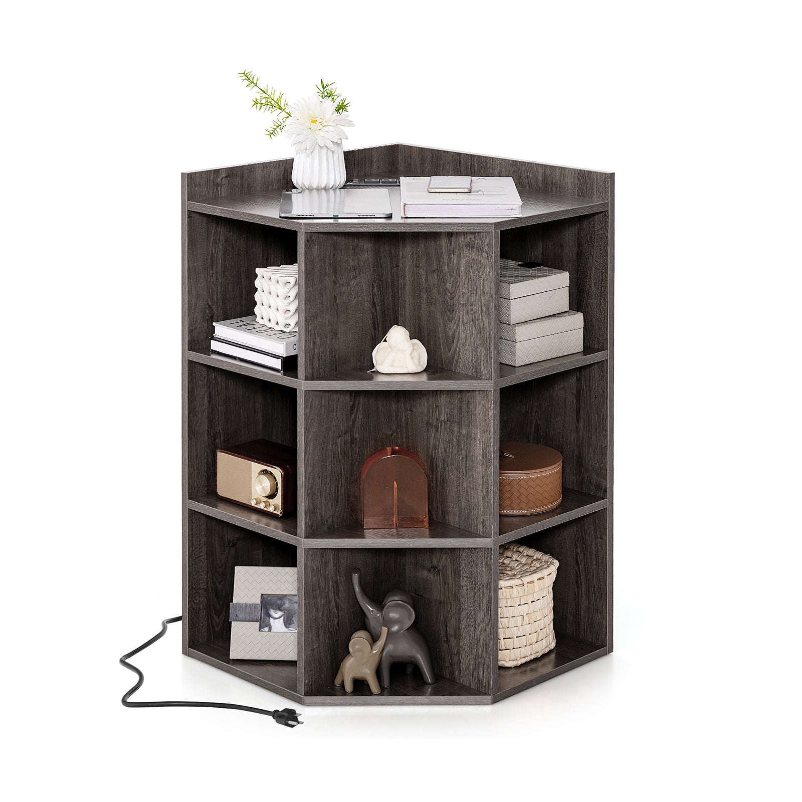 3-Tier Corner Cabinet with Charging Station for Bedroom-Gray - Gray