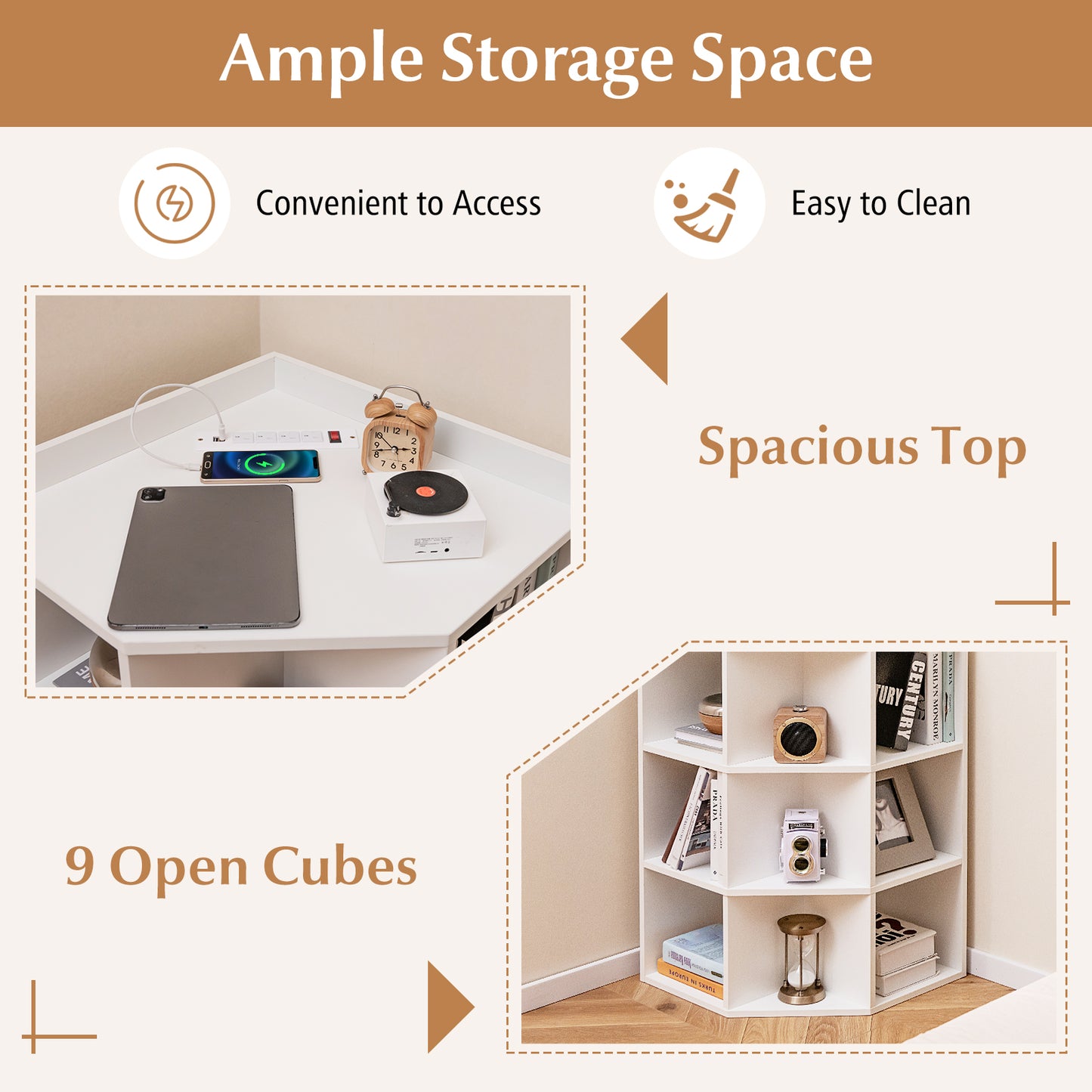 3-Tier Corner Cabinet with Charging Station for Bedroom