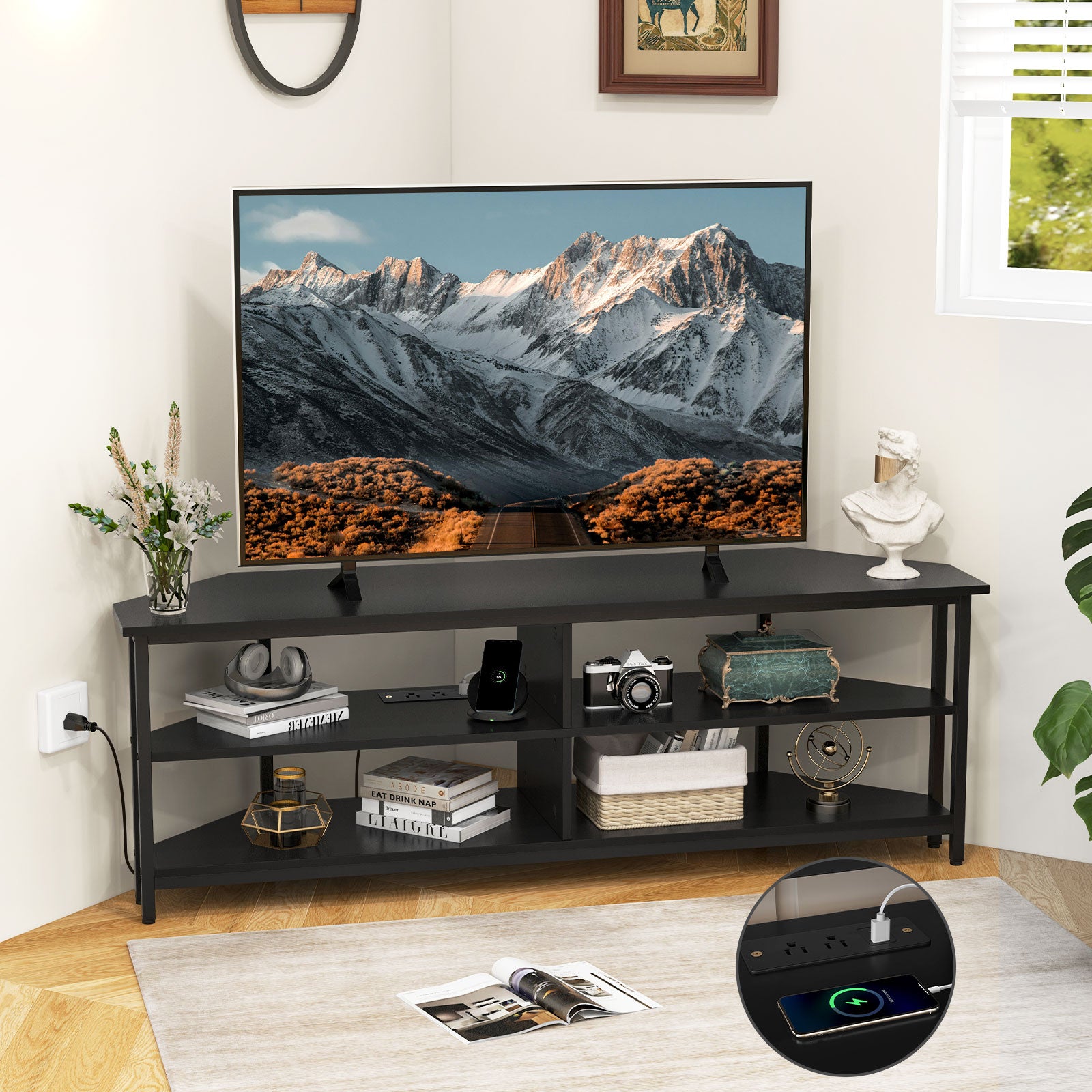 3-Tier Corner TV Stand for TVs up to 65 Inches with Charging Station-Black