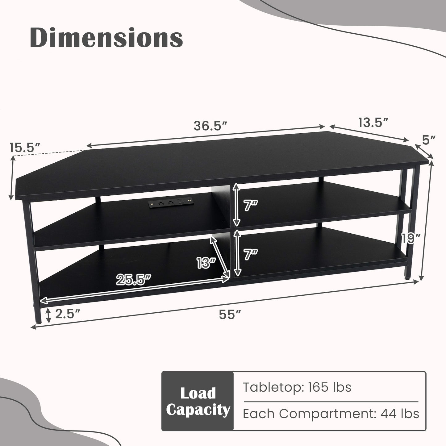 3-Tier Corner TV Stand for TVs up to 65 Inches with Charging Station-Black