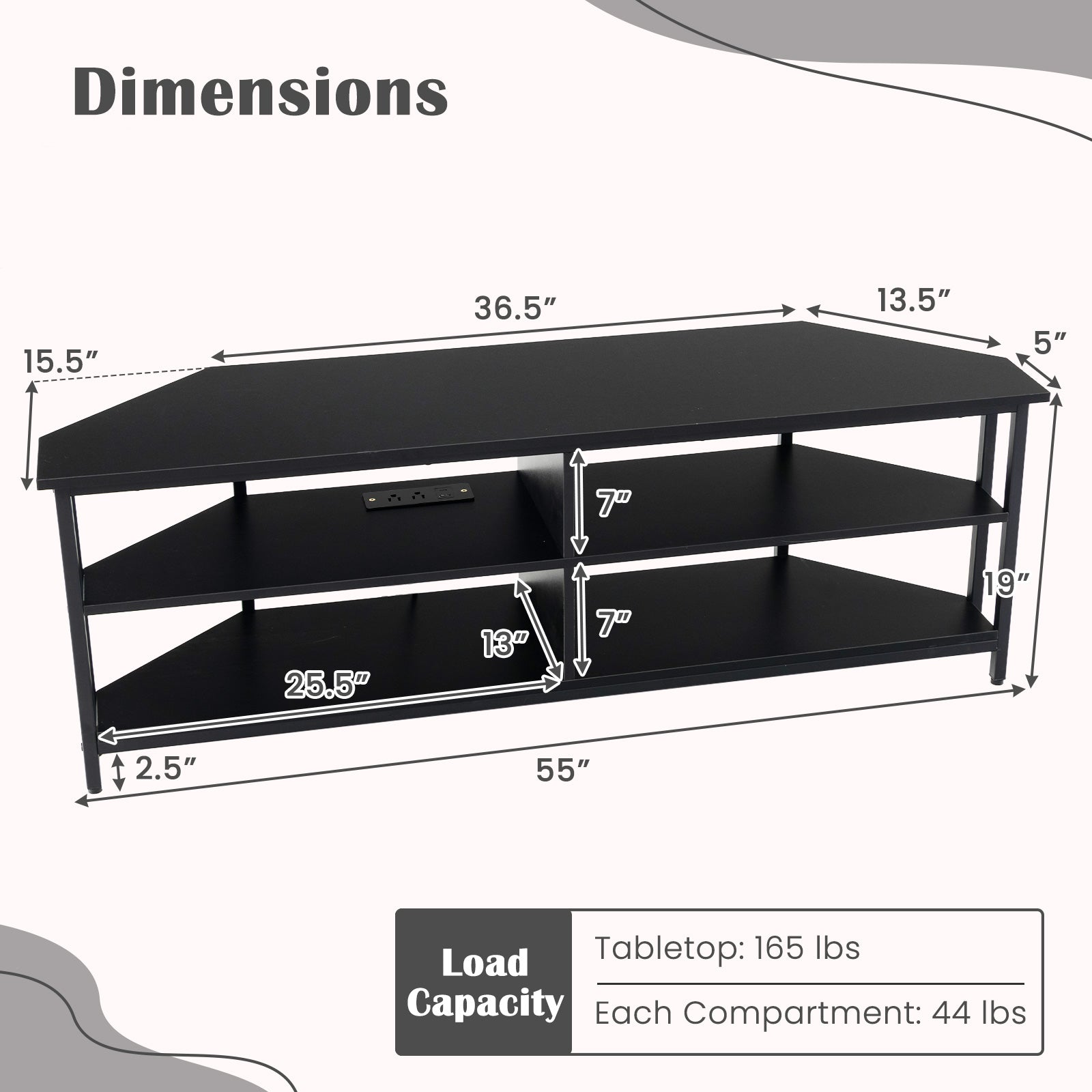 3-Tier Corner TV Stand for TVs up to 65 Inches with Charging Station-Black