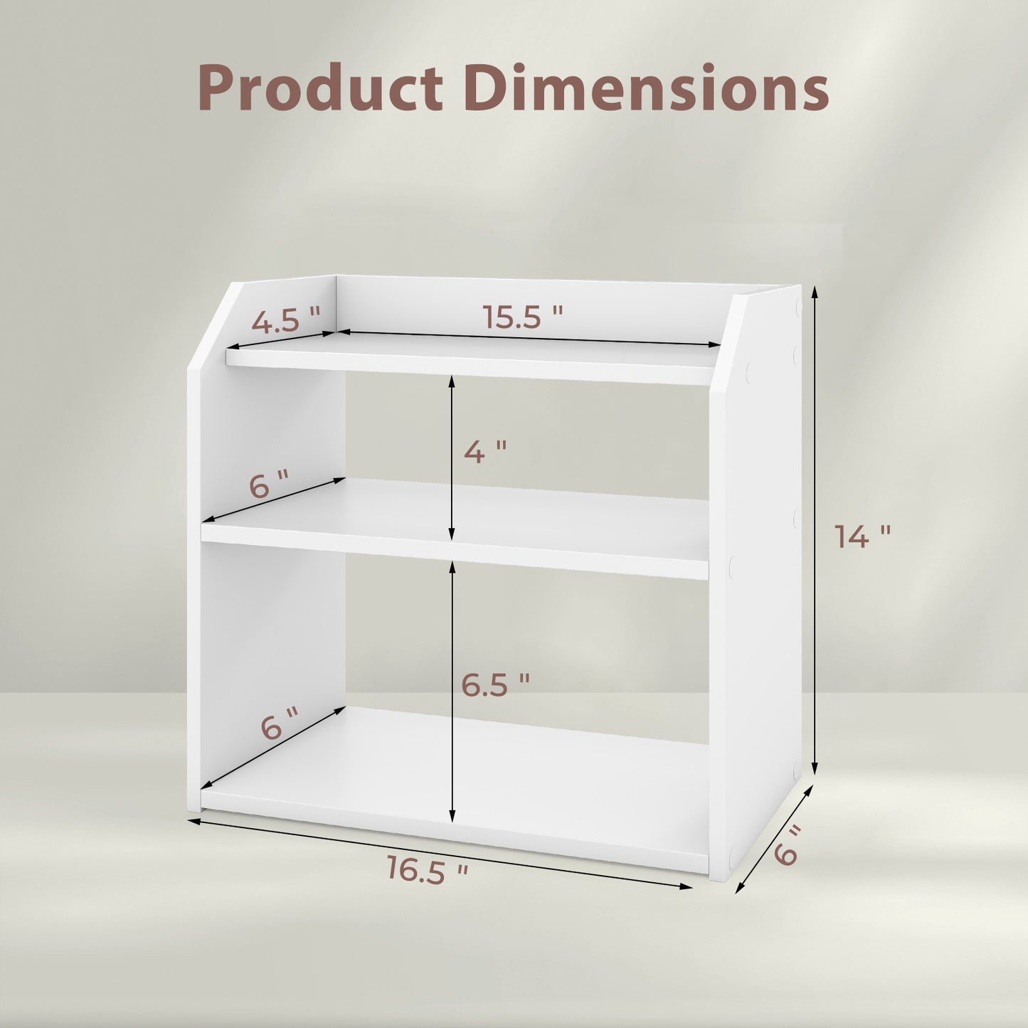 3-Tier Desktop Bookshelf Wooden Countertop Bookcase with Raised Top Guardrails-White
