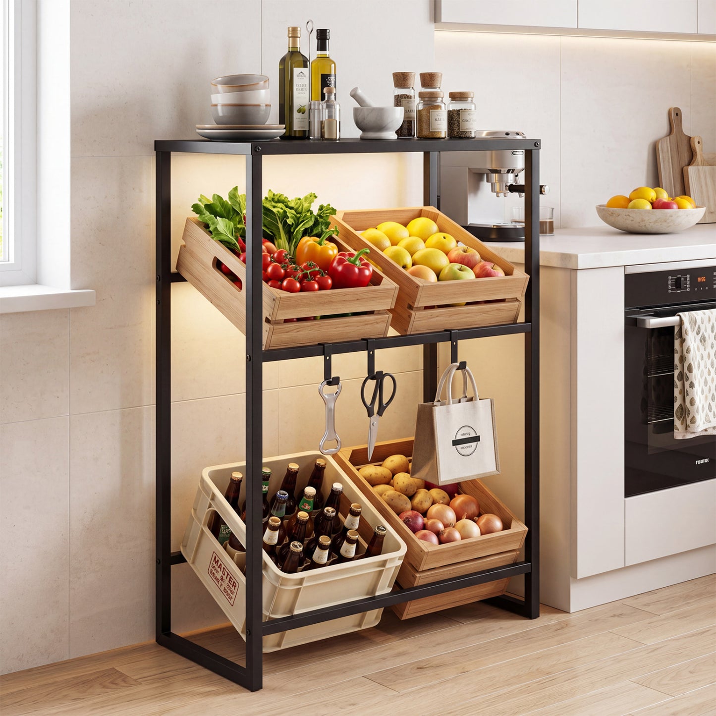 3-Tier Drink Crate Rack with Shelf for Beer and Water for Kitchen and Garage