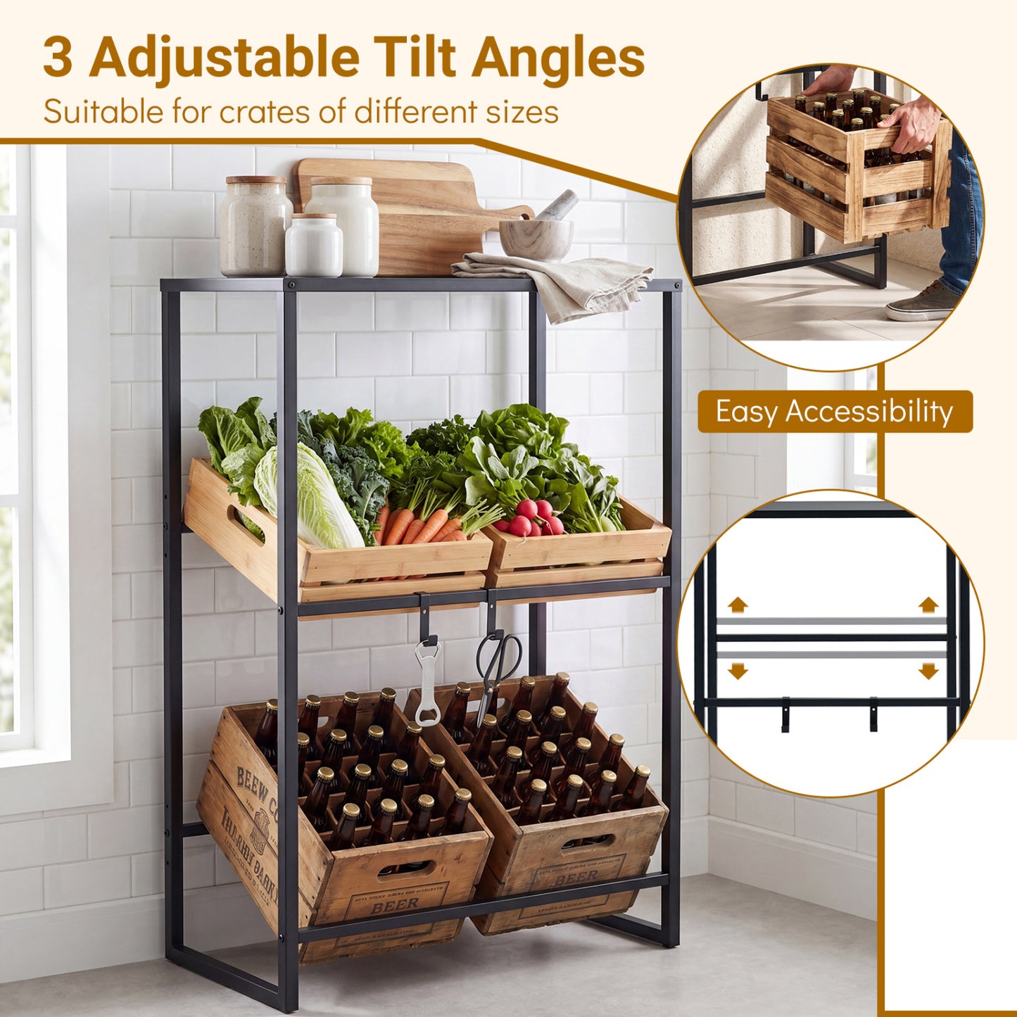 3-Tier Drink Crate Rack with Shelf for Beer and Water for Kitchen and Garage