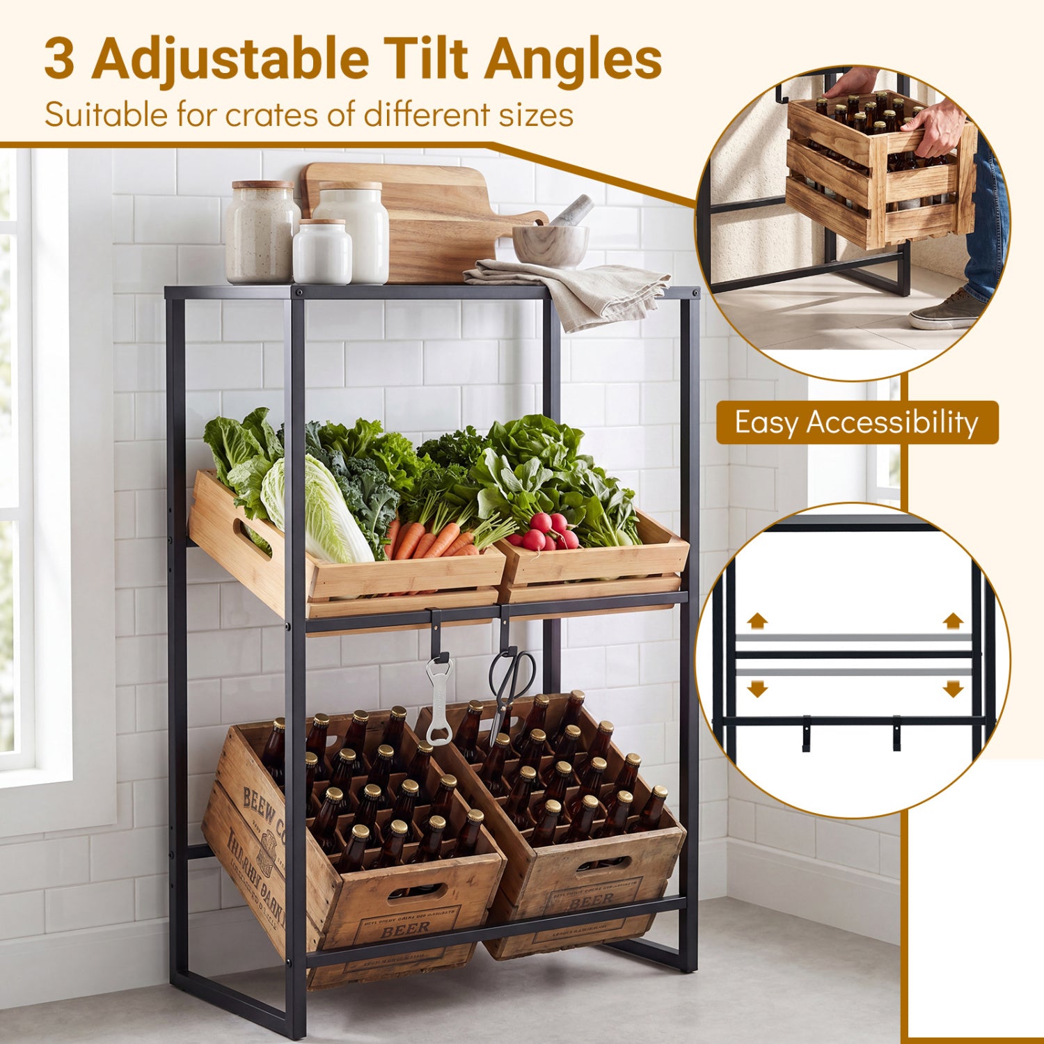 3-Tier Drink Crate Rack with Shelf for Beer and Water for Kitchen and Garage