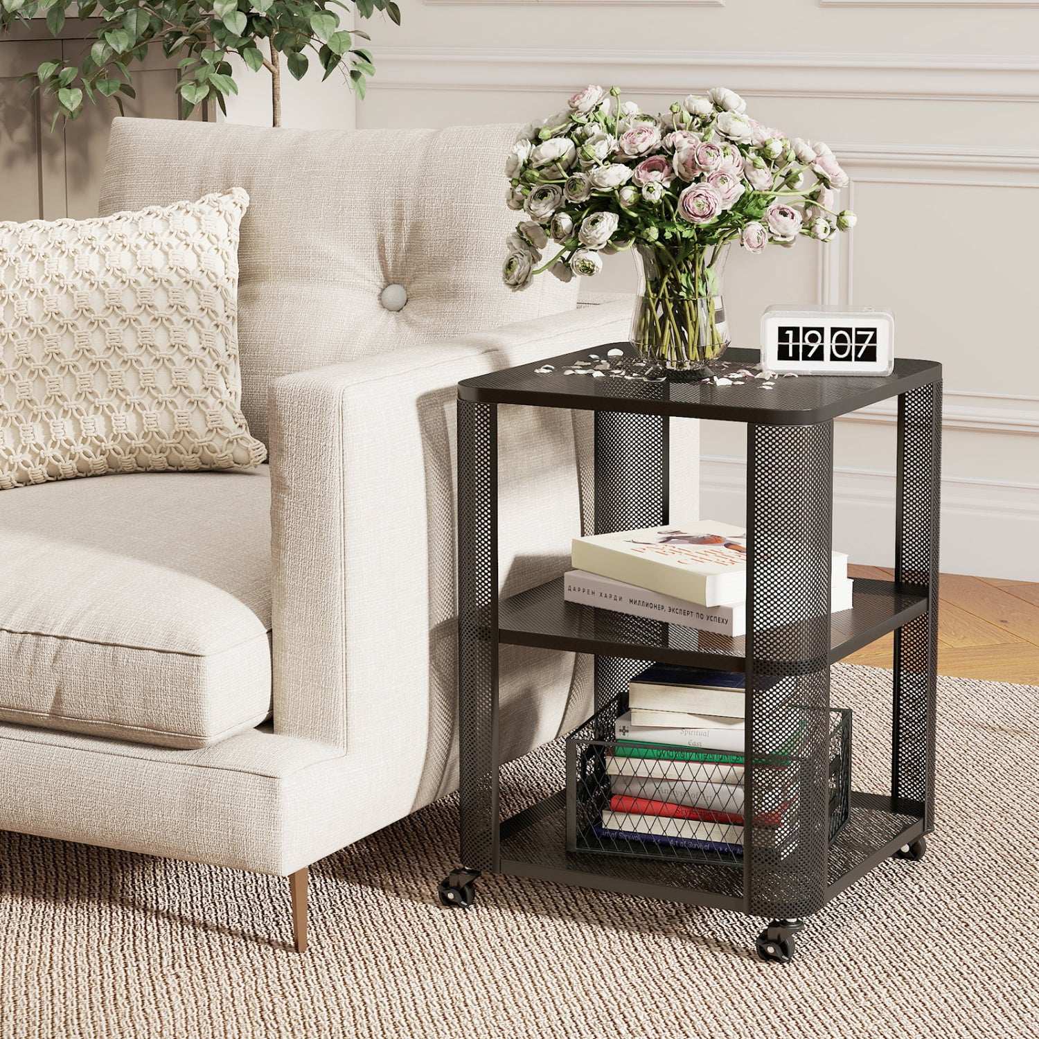 3-Tier End Table with Wheels Rolling Side Table with Open Storage Shelves