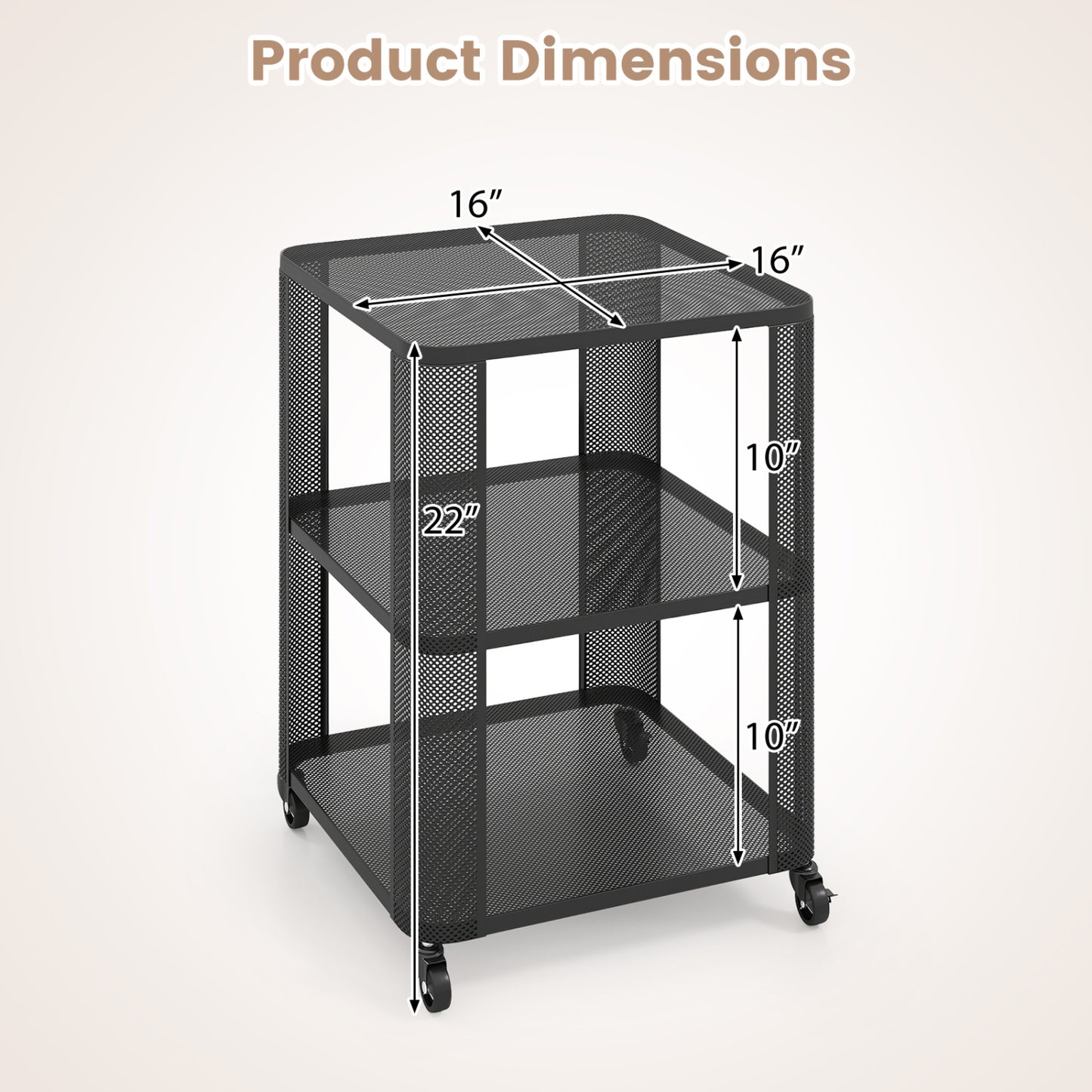 3-Tier End Table with Wheels Rolling Side Table with Open Storage Shelves
