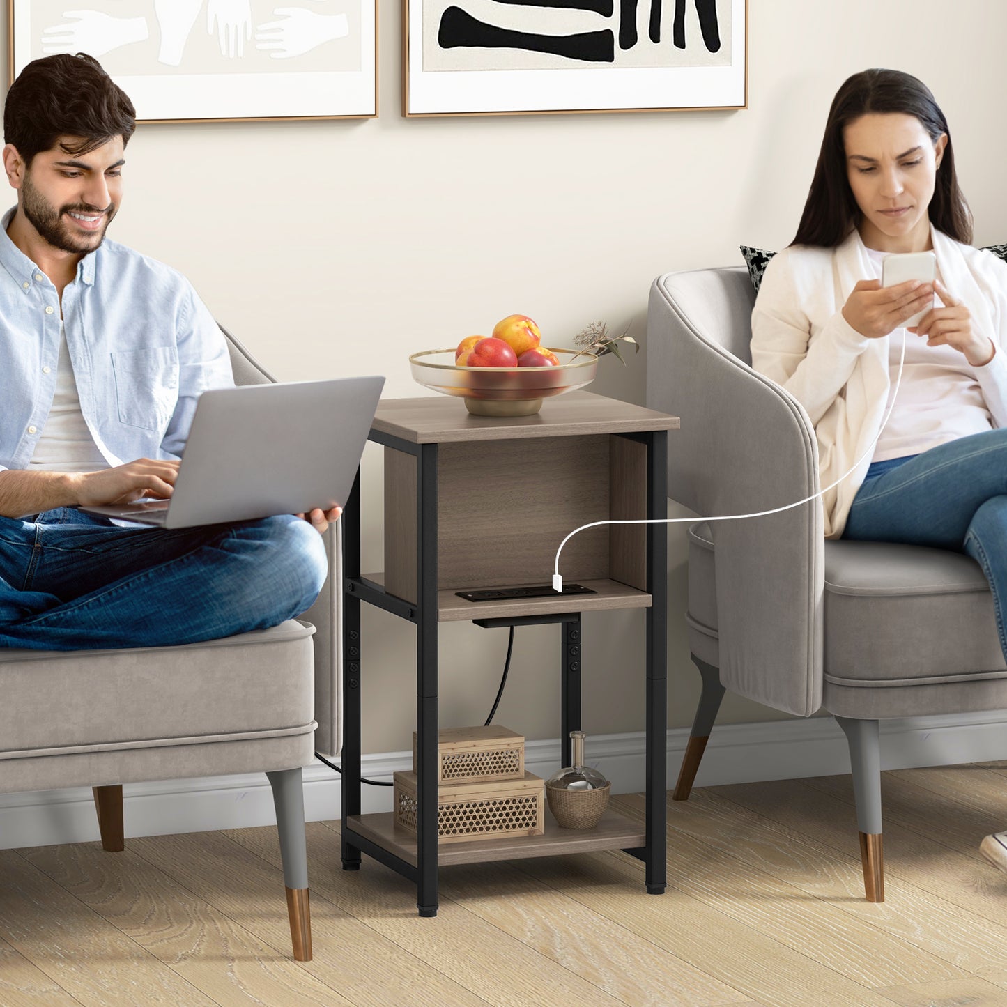 3-Tier End Table with USB Ports & Power Outlets