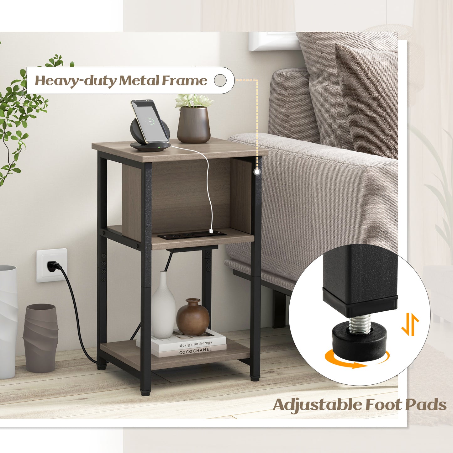 3-Tier End Table with USB Ports & Power Outlets