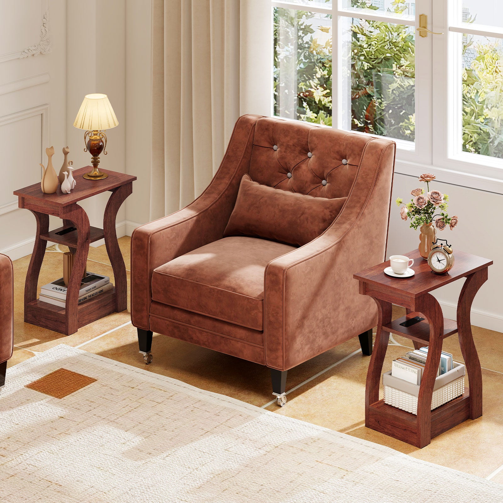 3-Tier End Tables with Charging Station Set of 2 with Open Storage Shelves-Cherry