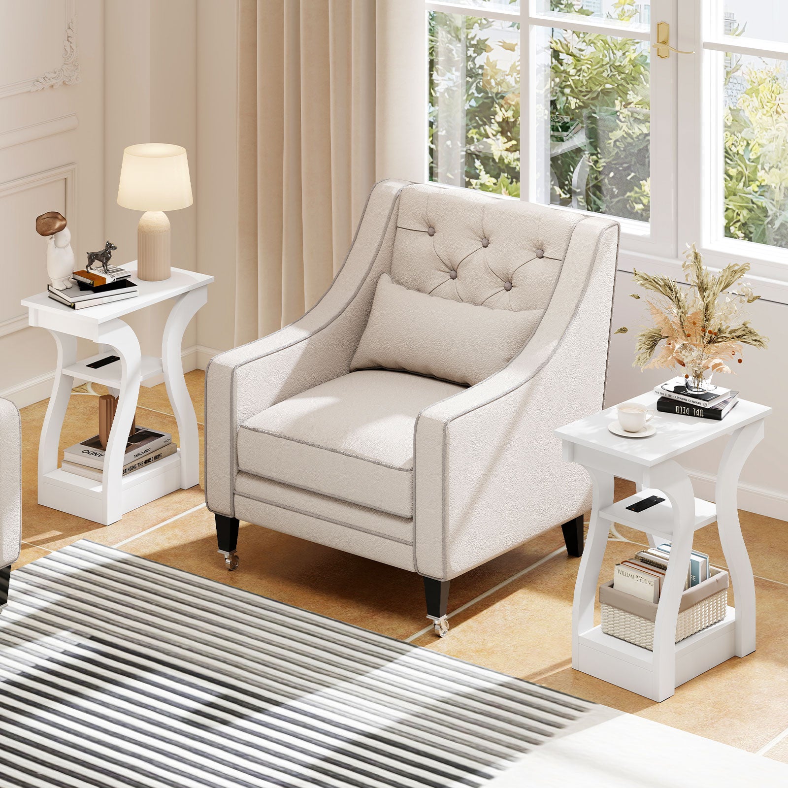 3-Tier End Tables with Charging Station Set of 2 with Open Storage Shelves-White