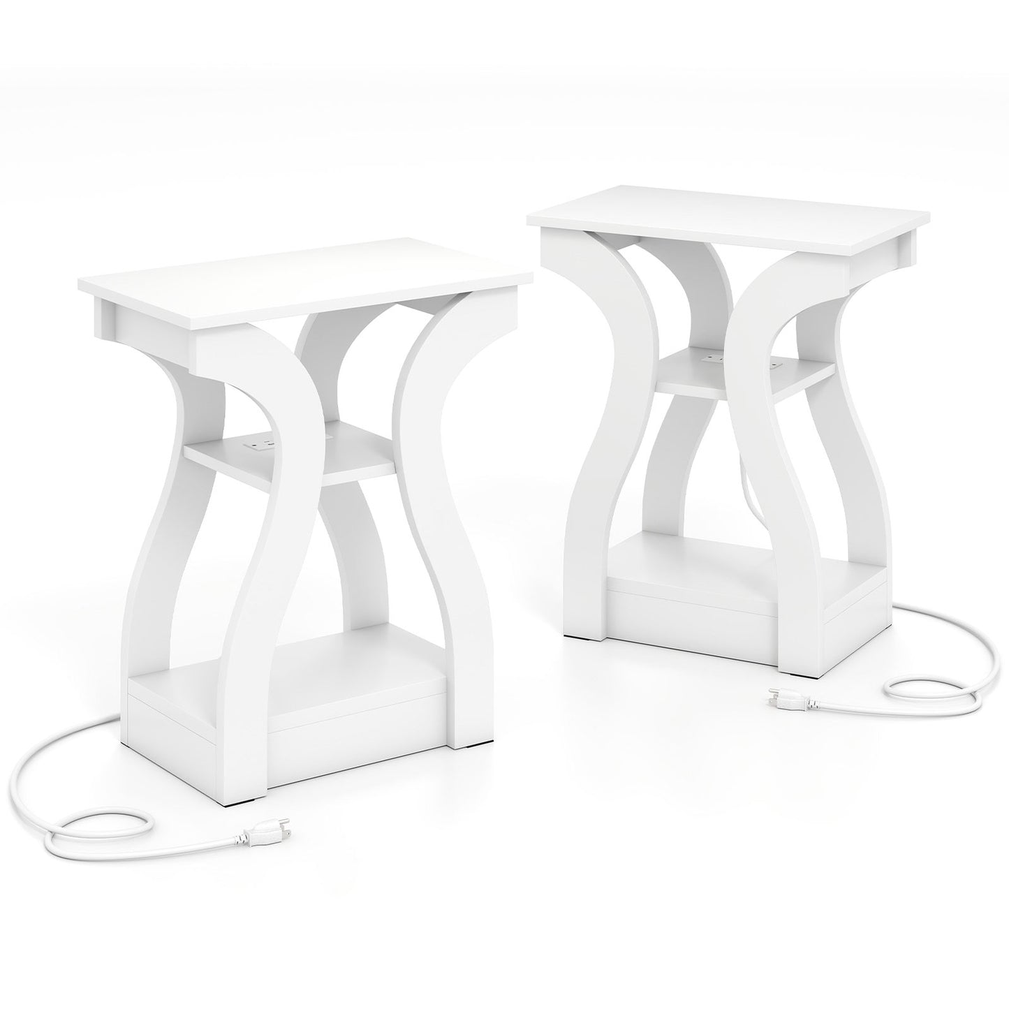 3-Tier End Tables with Charging Station Set of 2 with Open Storage Shelves-White